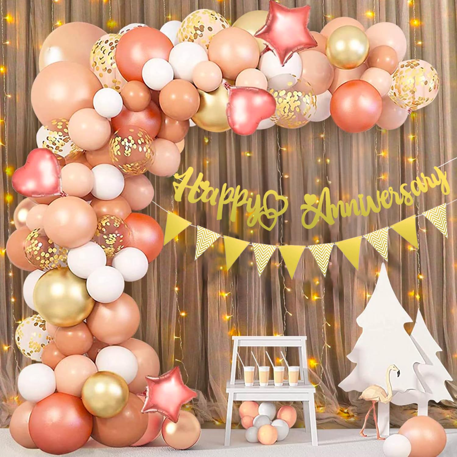 Party Propz Happy Anniversary Decoration Items Kit - 56Pcs Rose Gold Anniversary Balloons for Decoration and Banner, Pennant Banner, Led Light (9m), White Net Curtain
