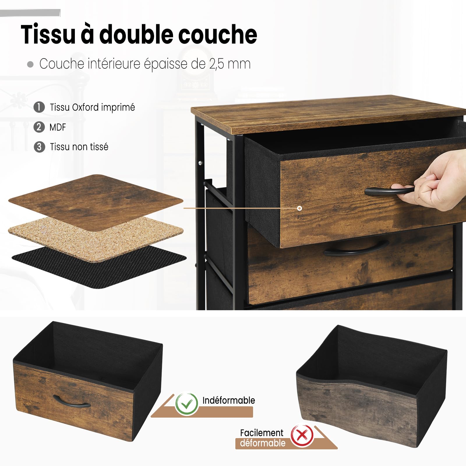 WOLTU Commode, Meuble de Rangement, avec 5 Tiroirs en Tissu, en MDF Cadre en métal, Marron Rustique, Style Industriel Vintage, SSK004hov