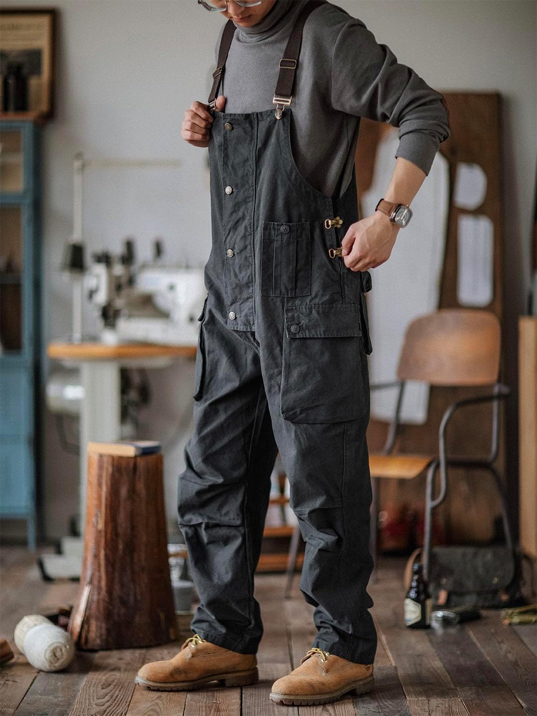MADEPANTS Men's Canvas Overalls with Flap Pockets Button Front Dungarees Workwear