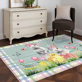 Area Rug 48×72in, Happy Easter Bunnies Duck Floor Carpet Living Room Rug, Watercolor Eggs Striped Non-Slip Welcome Mat Indoor Rugs for Bedroom Dining Room
