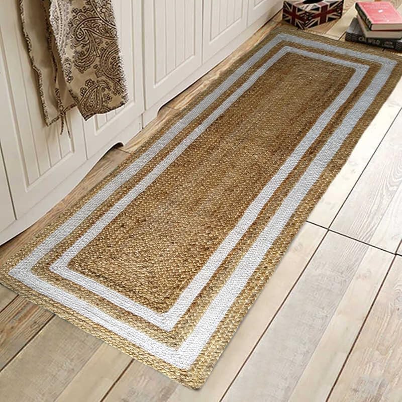 Image of Festive Textile Jute Braided Natural Rug Hand Woven & Reversible for Living Room Kitchen Entryway Rug, Jute Burlap Braided Rag Rug, Farmhouse Rag Rug, Rustic Rug Jute Carpet for Living Room