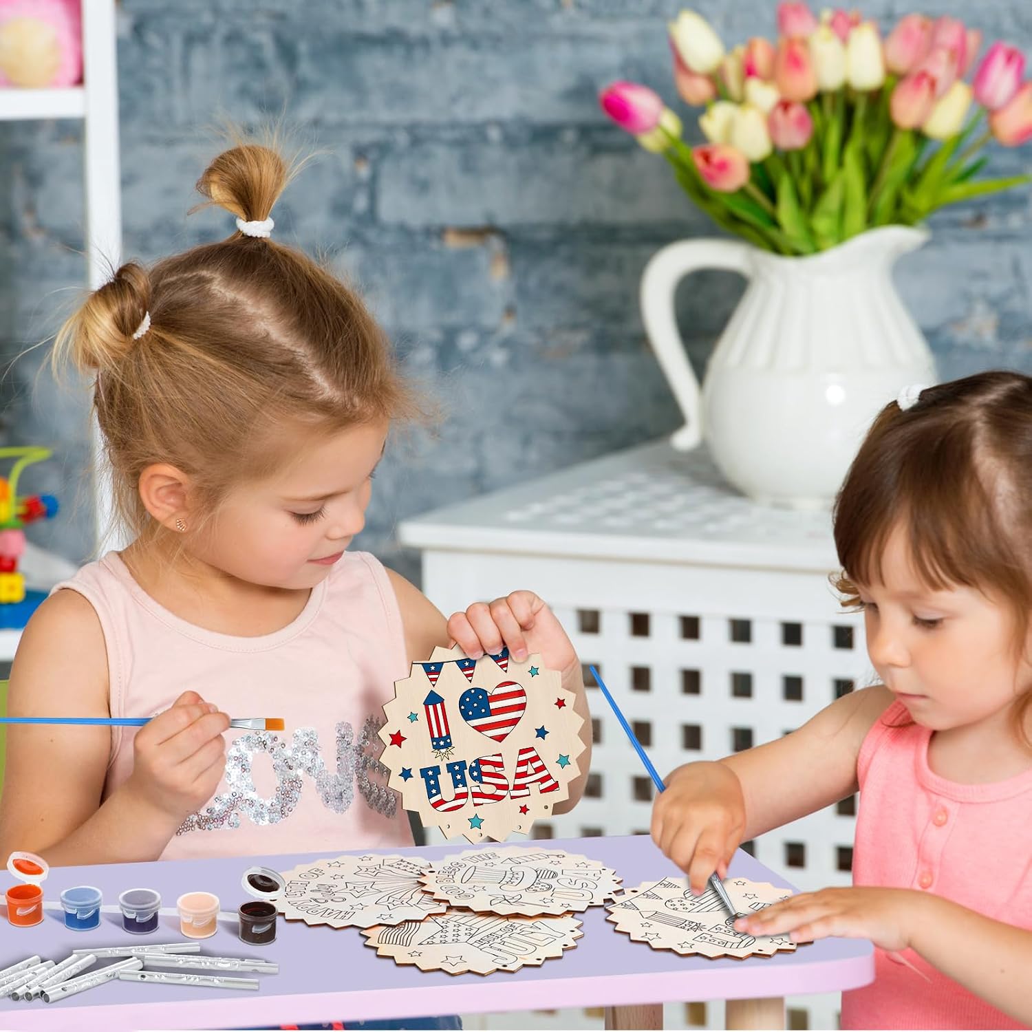 Silipull 24 Sets Patriotic Wind Chimes Craft for Kids Color Your Own 4th of July Wind Chimes 250th Anniversary DIY Wooden Hanging Ornaments for 4th of July Independence Day Home Party Decoration image 5