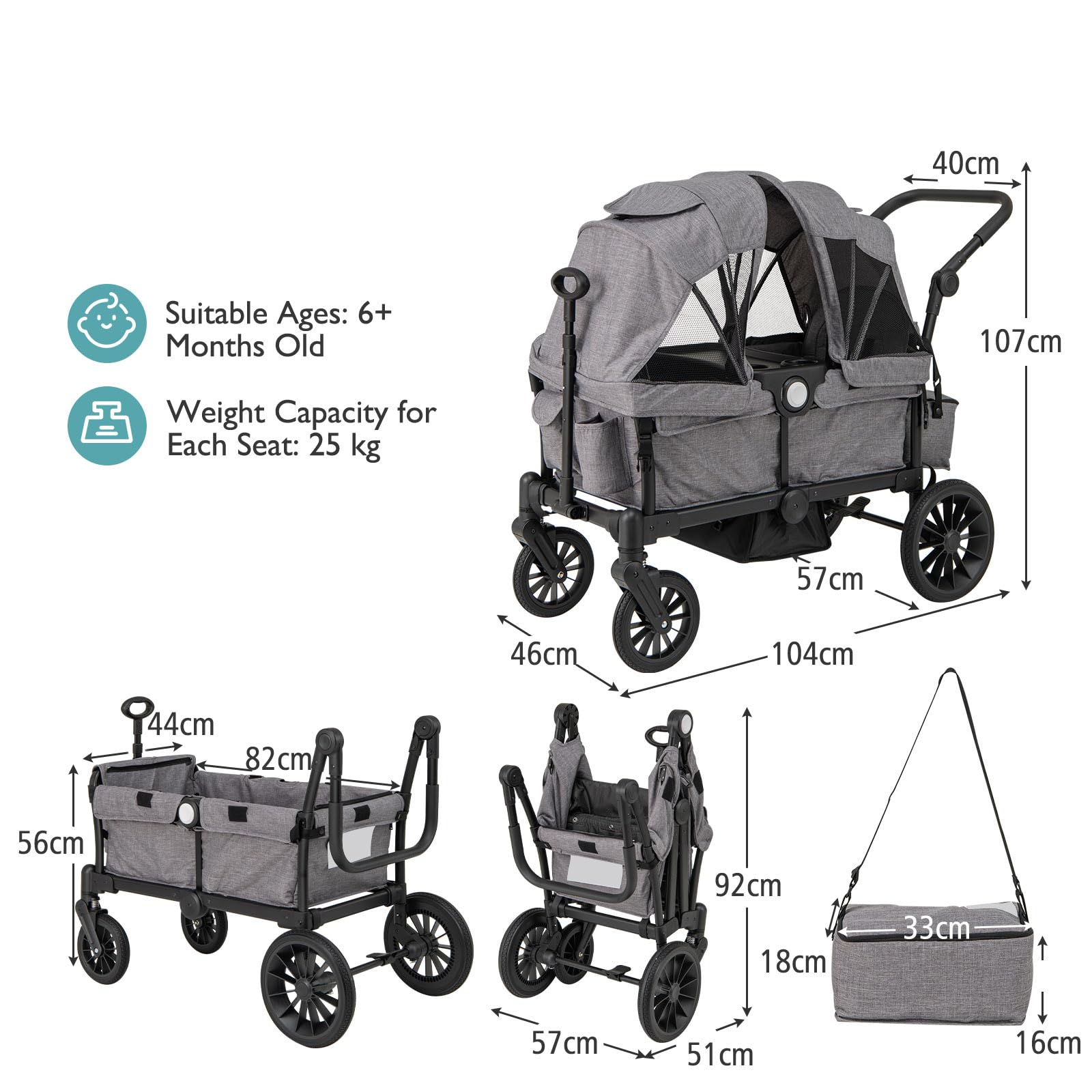 LIFEZEAL 2-Sitzer-Kinderwagen für Kinder ab 6 Monaten, Geschwisterwagen Zwillingskinderwagen mit Becherhalter & Verdeck, Kombikinderwagen mit Wickeltasche für Reisen, 104 x 46 x 107 cm (Grau)