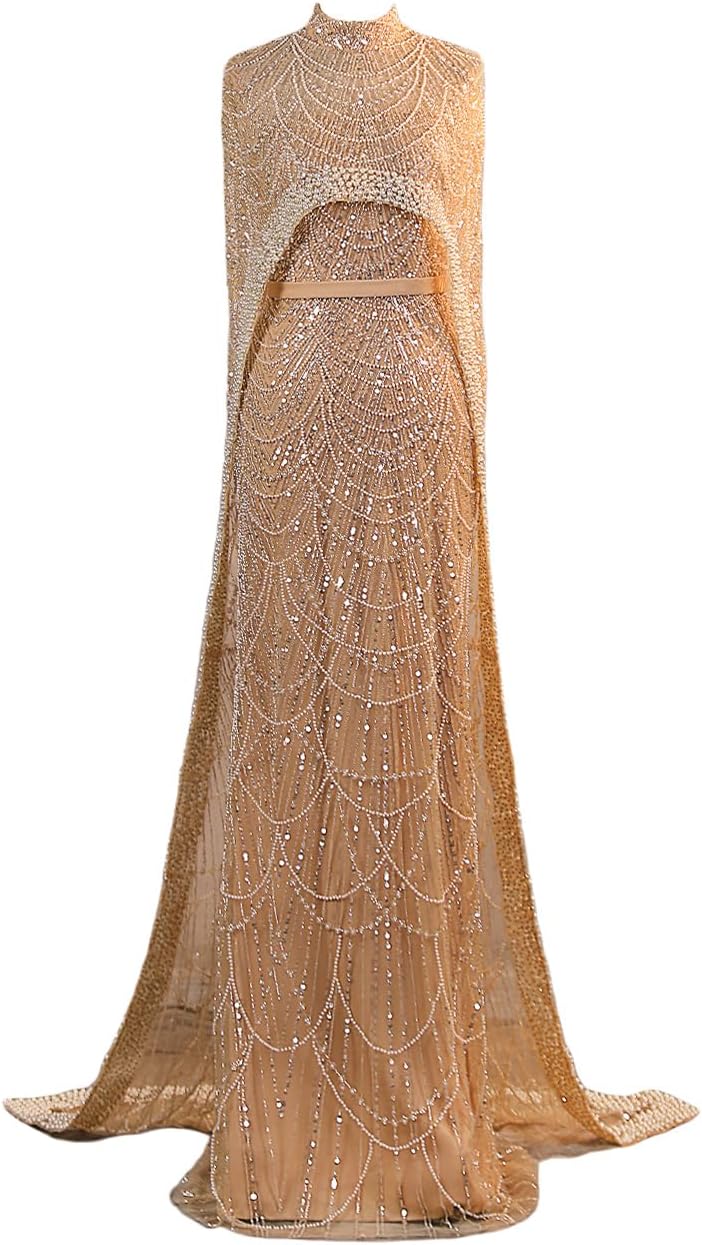 Champagne Shiny Pearls Beadings Mermaid Prom Evening Shower Party Dress Celebrity Pageant Wedding Guest Gown