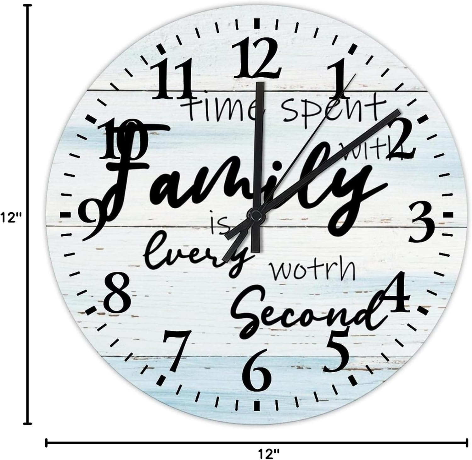 Time Spent with Family is Worth Every Second Wood Wall Clock 12 Inch, Family Letter Quote Cool Room Accessories Quality Quartz Non Ticking Round Arabic Numbers Clock for Kids Room and Kitchen