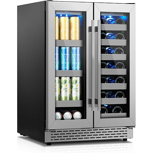 24 inch Wine and Beverage Refrigerator, Upgraded Dual Zone Wine Cooler Refrigerator with Glass Door, 20 Bottles and 88 Cans Beverage Fridge Under Counter or Freestanding for Beer Soda Bar