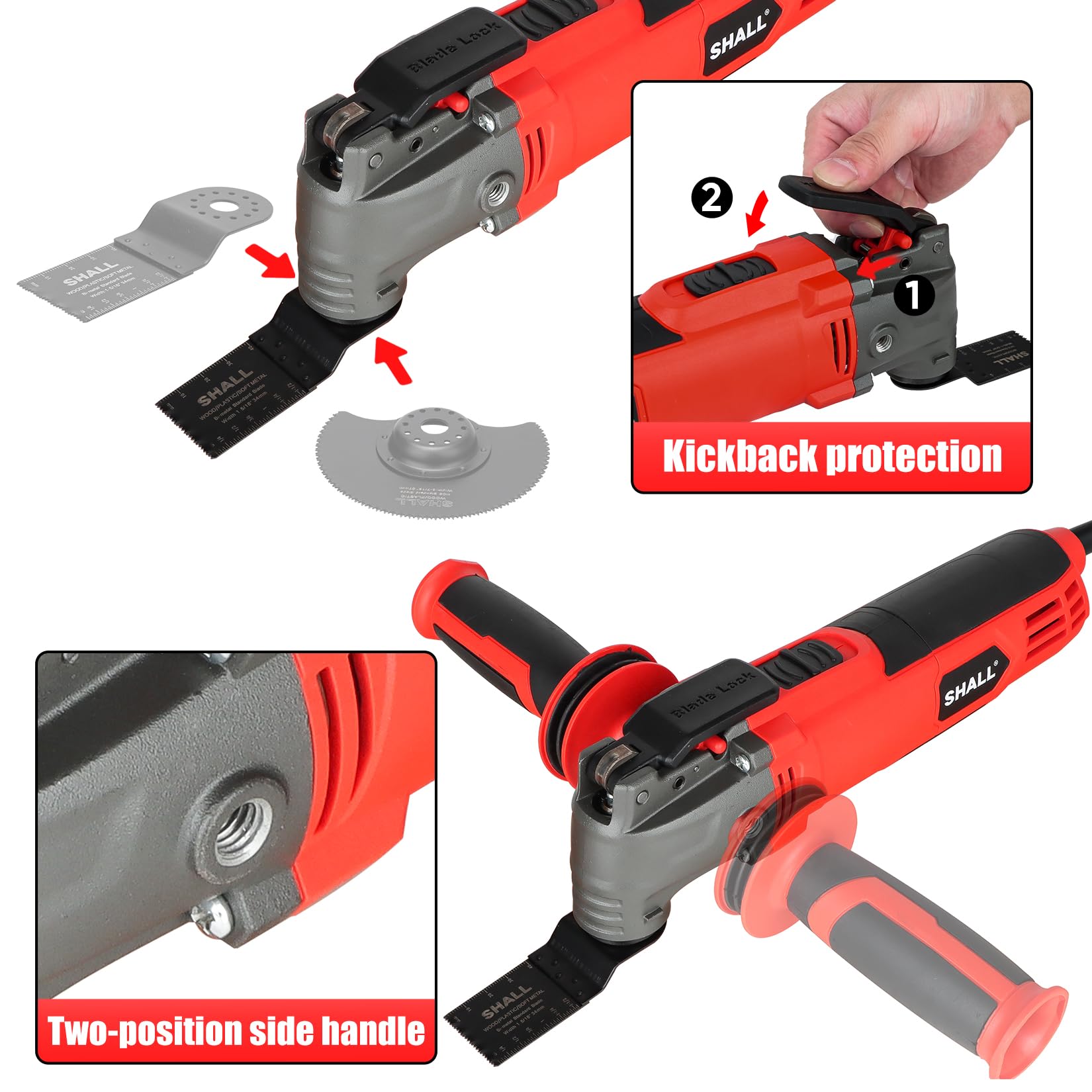 SHALL Oszillationswerkzeug, 300-W-Oszillations-Multitool-Set mit 3°-Schwenkwinkel, Schnellwechsel- und Rückschlagschutz, 6 Geschwindigkeitsstufen, Zusatzhandgriff, 40-teiligem Sägenzubehör