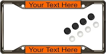 Custom Gunmetal 4-Hole Car Metal License Plate Frame - Orange/Black Text