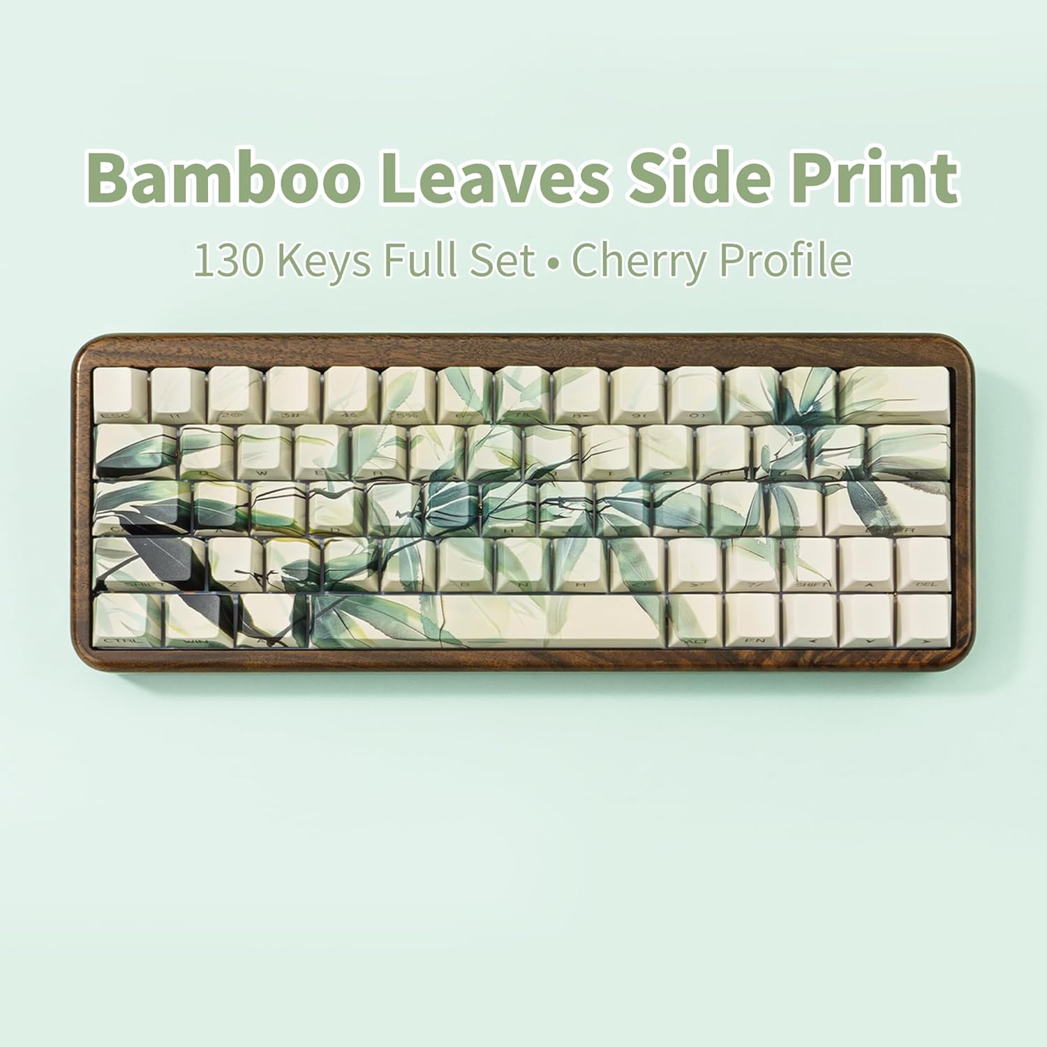 Shine Through Keycap Set - Dye-Sublimation PBT keycaps 60 75 Percent, Green Custom Key caps 130 Keys, Side Printed, Bamboo Leaf Theme Cherry Profile Keyboard caps for Machine Keyboard