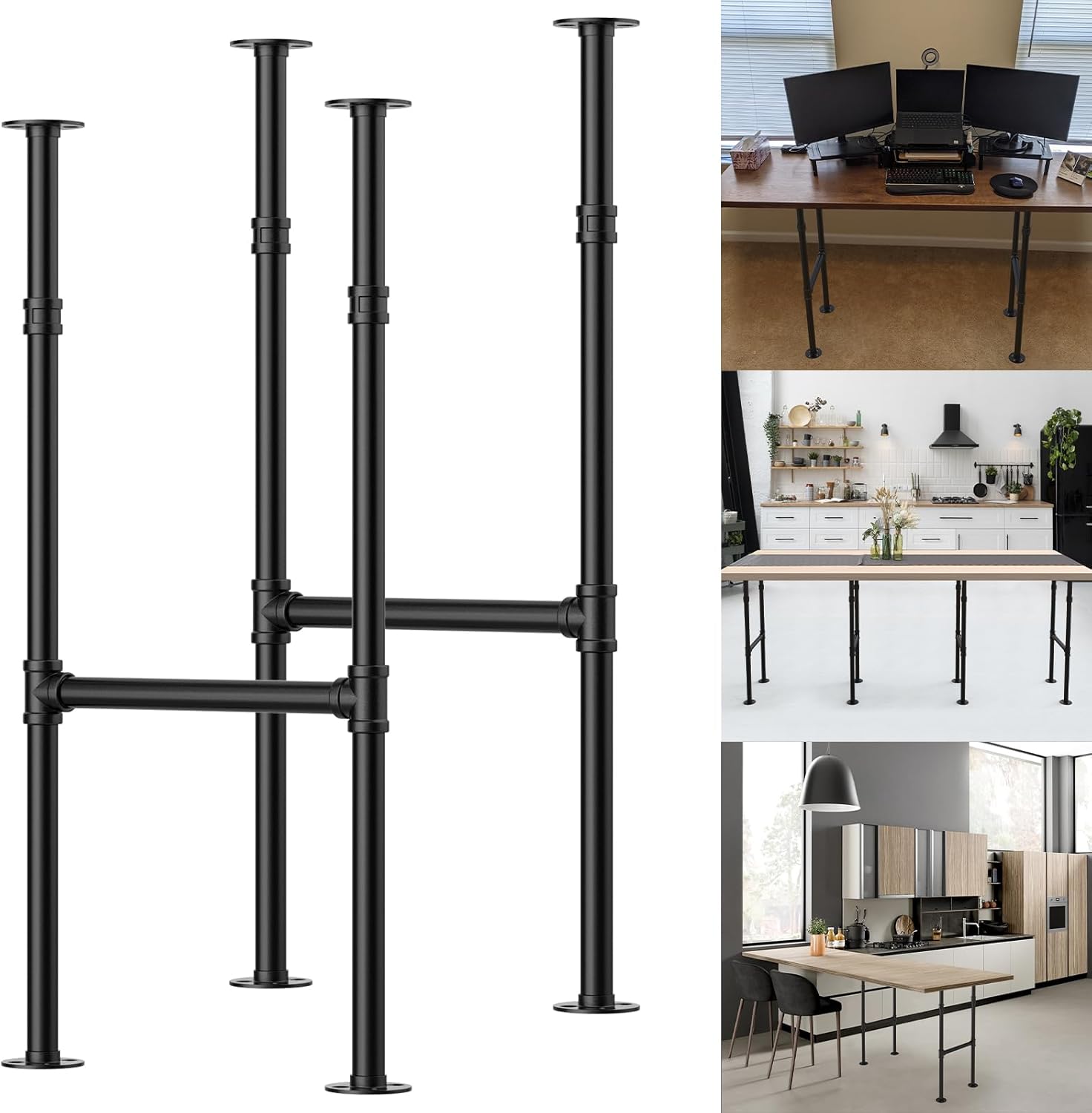 38 Inch Industrial Industrial Table Legs, Heavy Duty Iron Pipe Legs for Counter Tables, Desks & DIY Pipe Furniture - Dark Grey Black Powder Coated Metal Base (Set of 2, Rustic Vintage Design)