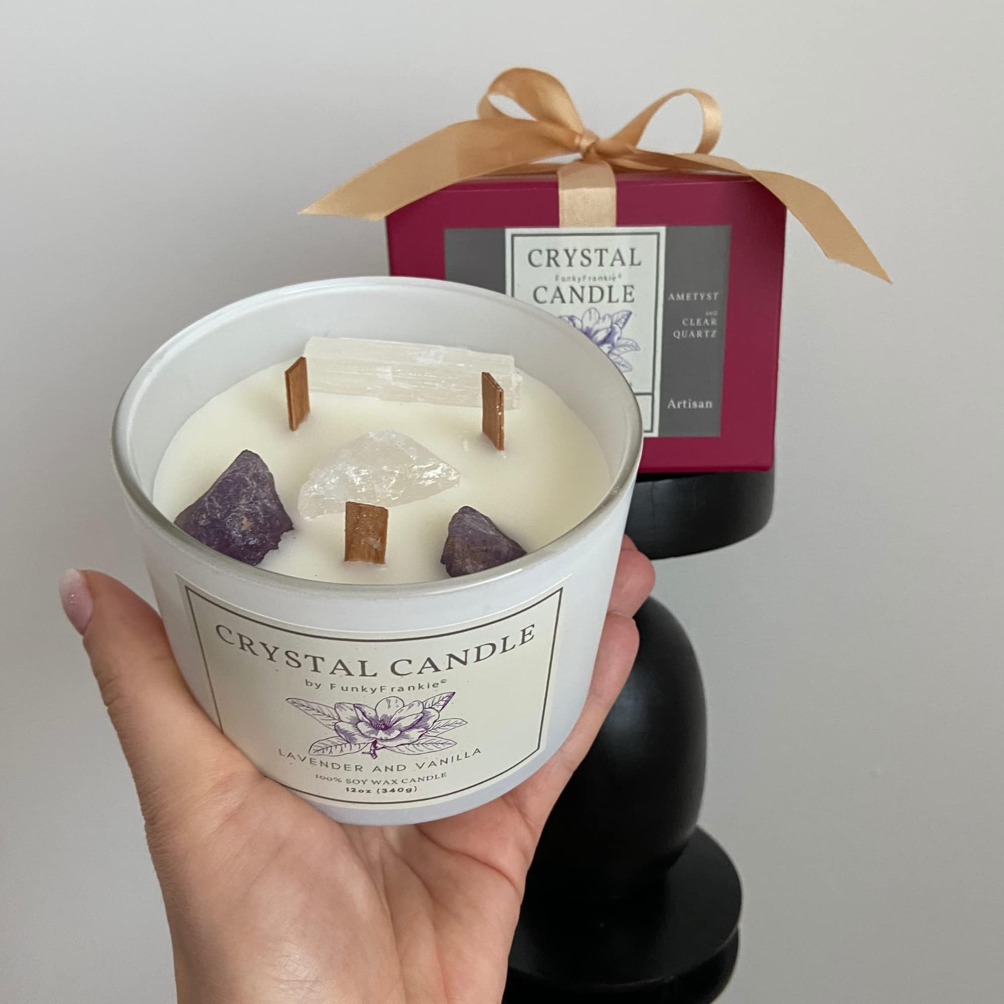 FunkyFrankie Extra Large Healing Crystals Candle, Gifts for Women - Amethyst 12 oz Manifestation Candle with Crystals Inside for Gemini Gifts for Women | Zodiac Gifts | Soothing Lavender