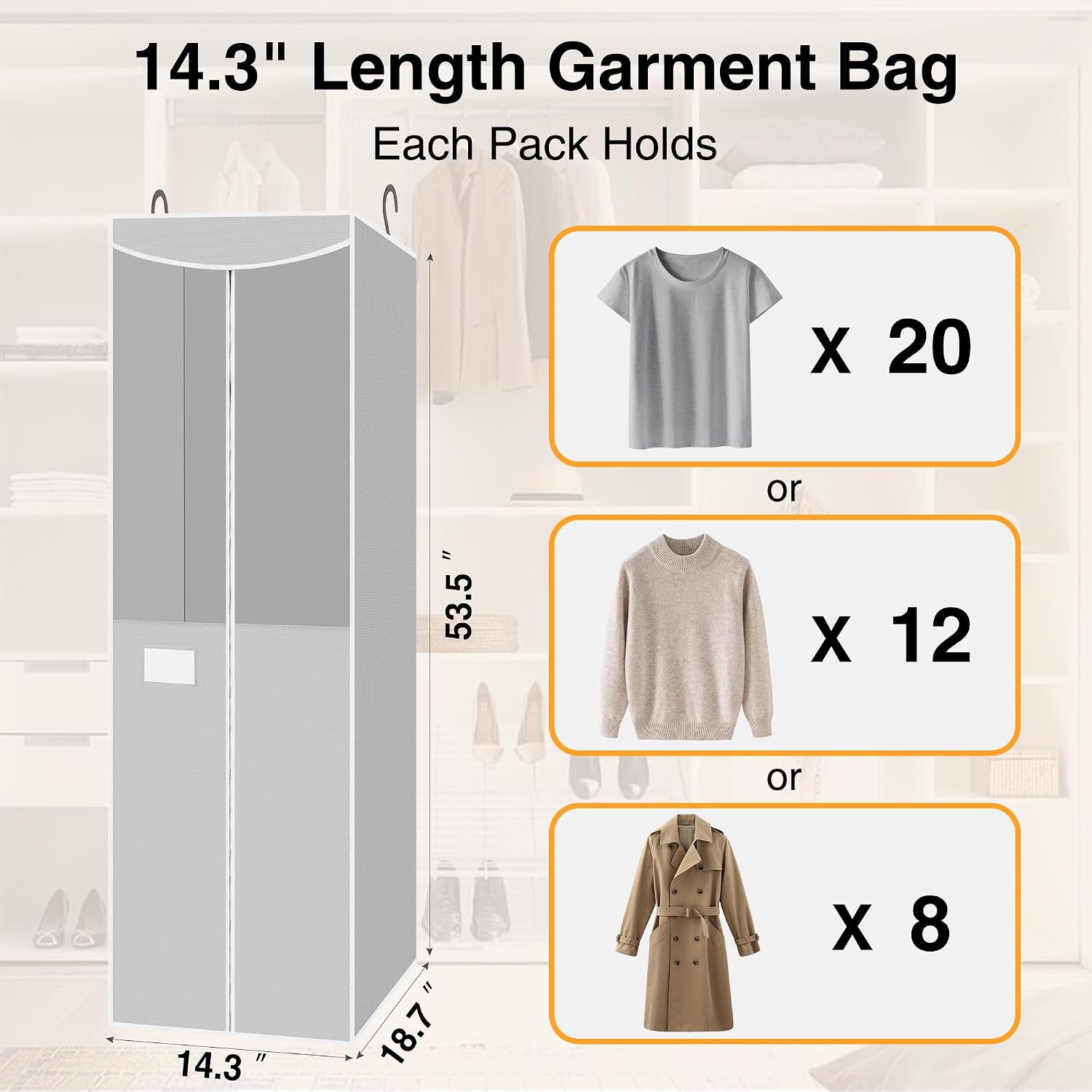 STO STO 2 Pack Garment Bag for Hanging Clothes Closet, Hanging Garment Cover with Built-in Steel Hanging Rod, Hanging Wardrobe Storage Bag for Suit, Dress with Clear Window, Zipper, ID Card, Gray
