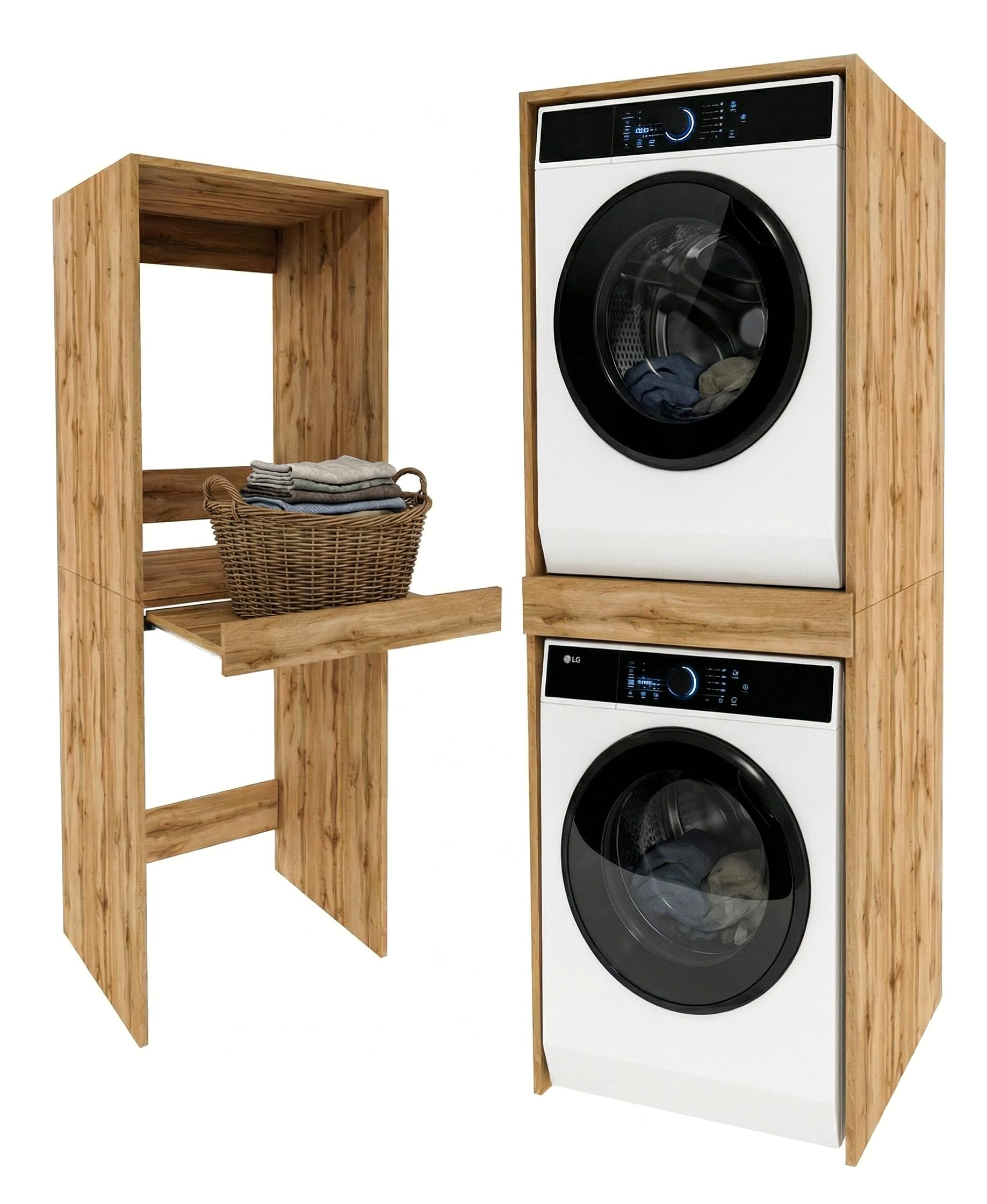ModernHome Waschmaschinenregal für Waschmaschine und Trockner | Waschturm Schrank mit ausziehbarer Ablage | Waschraum Möbel | Eiche Wotan | Schrank für Waschküche mit Stauraum