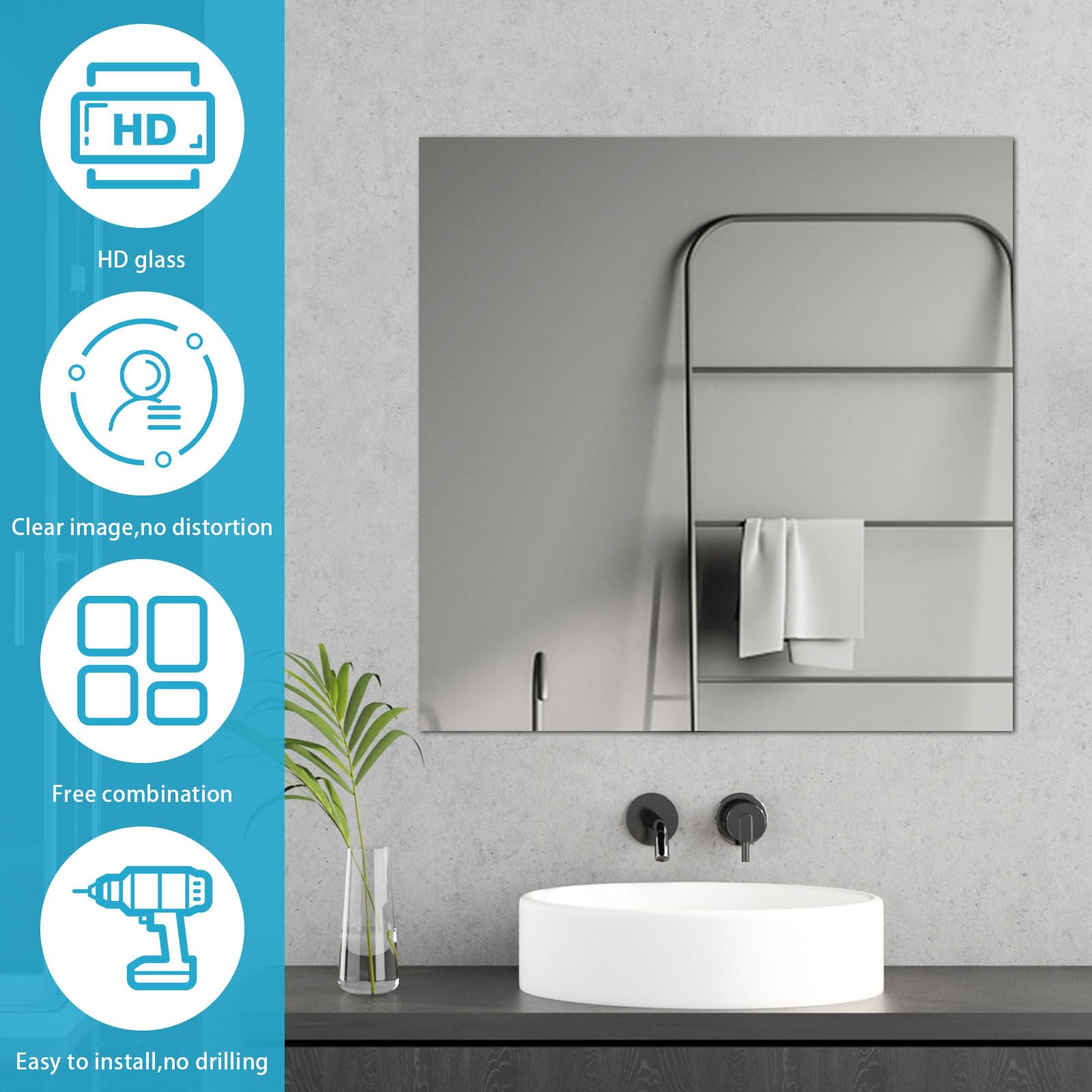 Specchio da Parete Adesivo Rettangolare Grande Lungo Vetro Autoadesivo per WC Camera da Letto Soggiorno Porta 50x50cm (1)