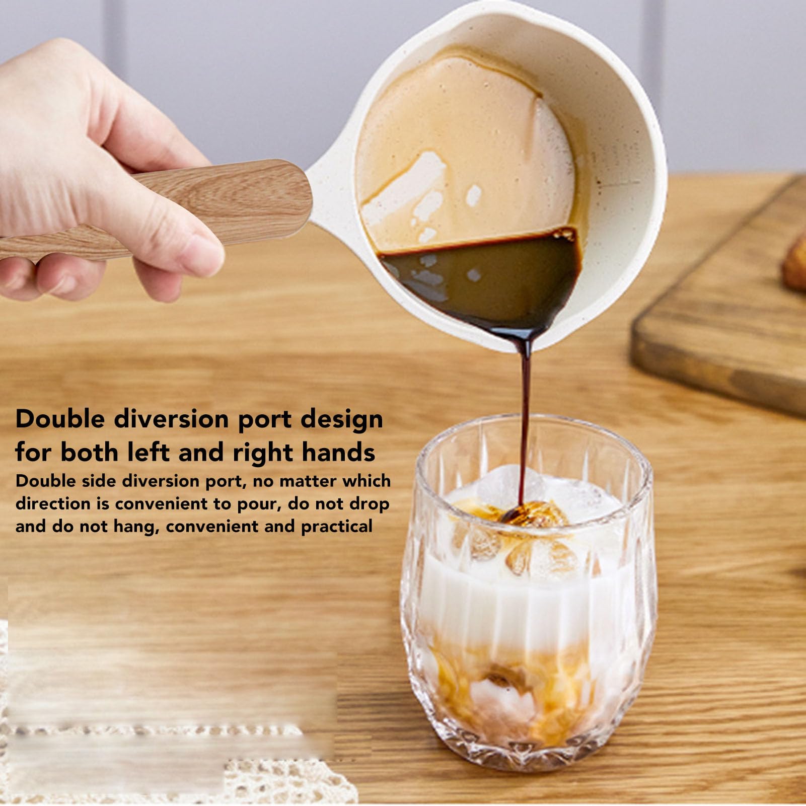 Mini Casserole à Lait 250 ML Maifanstone Casserole Chauffe-Lait Blanc avec Manche en Bois et Échelle de Mesure, Pot à Beurre pour Tables de Cuisson à Induction Cuisinière à Gaz