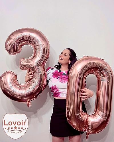 Miniatura 7 de Lovoir Globo de oro rosa de 40 pulgadas con número de 30 dígitos gigantes de papel de aluminio de Mylar para helio de 30 años, decoraciones de