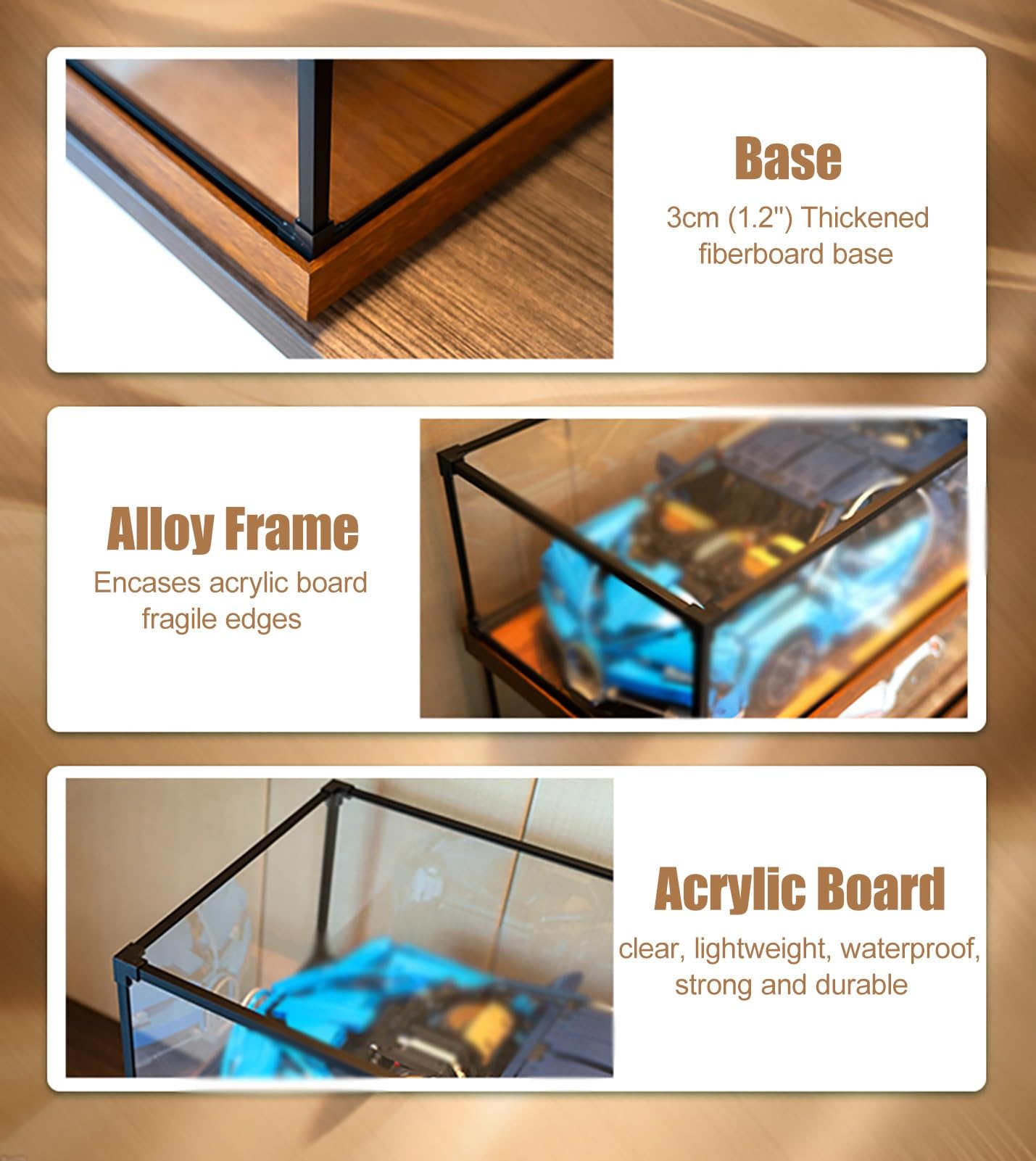 Vitrina Expositora Vitrina de Acrílico para Coleccionables con Marco de Aleación, Cajas Altas y Transparentes Base Madera Engrosada 3 cm Compartimentos Almacenamiento(20x20xH50cm/8x8x20in)