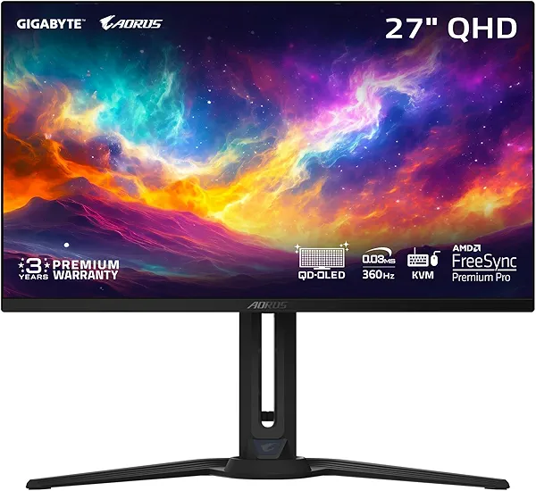 GIGABYTE - AORUS FO27Q3-27 QD OLED Gaming Monitor - QHD 2560x1440-360Hz - 0.03ms GTG - AMD FreeSync Premium Pro - Type C KVM - HDMI, DP, Type C - Height Adjustable - Black