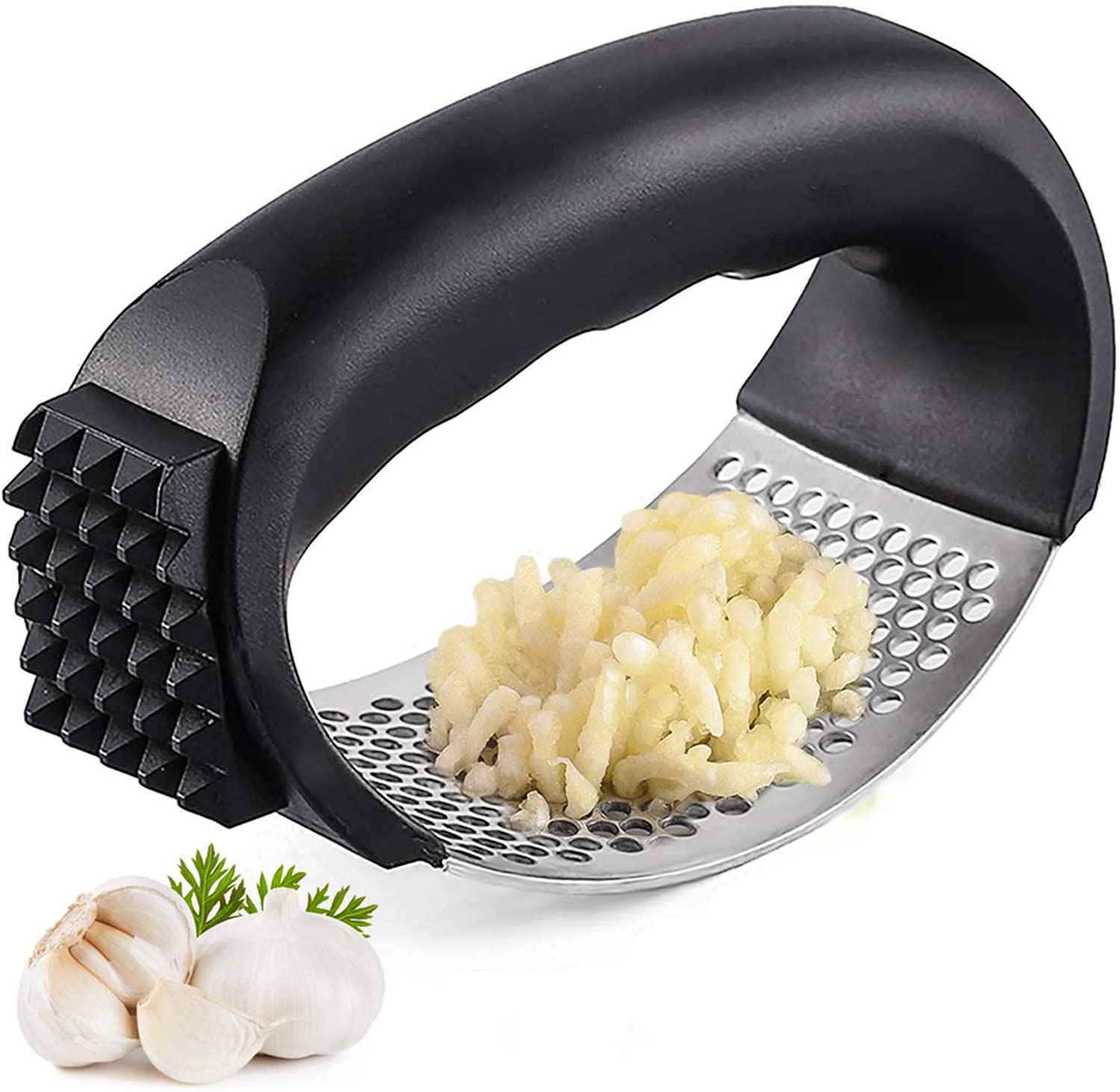 DELFINO Garlic Press, Stainless Steel Garlic Crusher, Professional Kitchen Gadgets Garlic Chopper with Ergonomic Handle, Silicone Garlic Peeler, Size 5.79 x 5.47 x 2.4 inches, Black