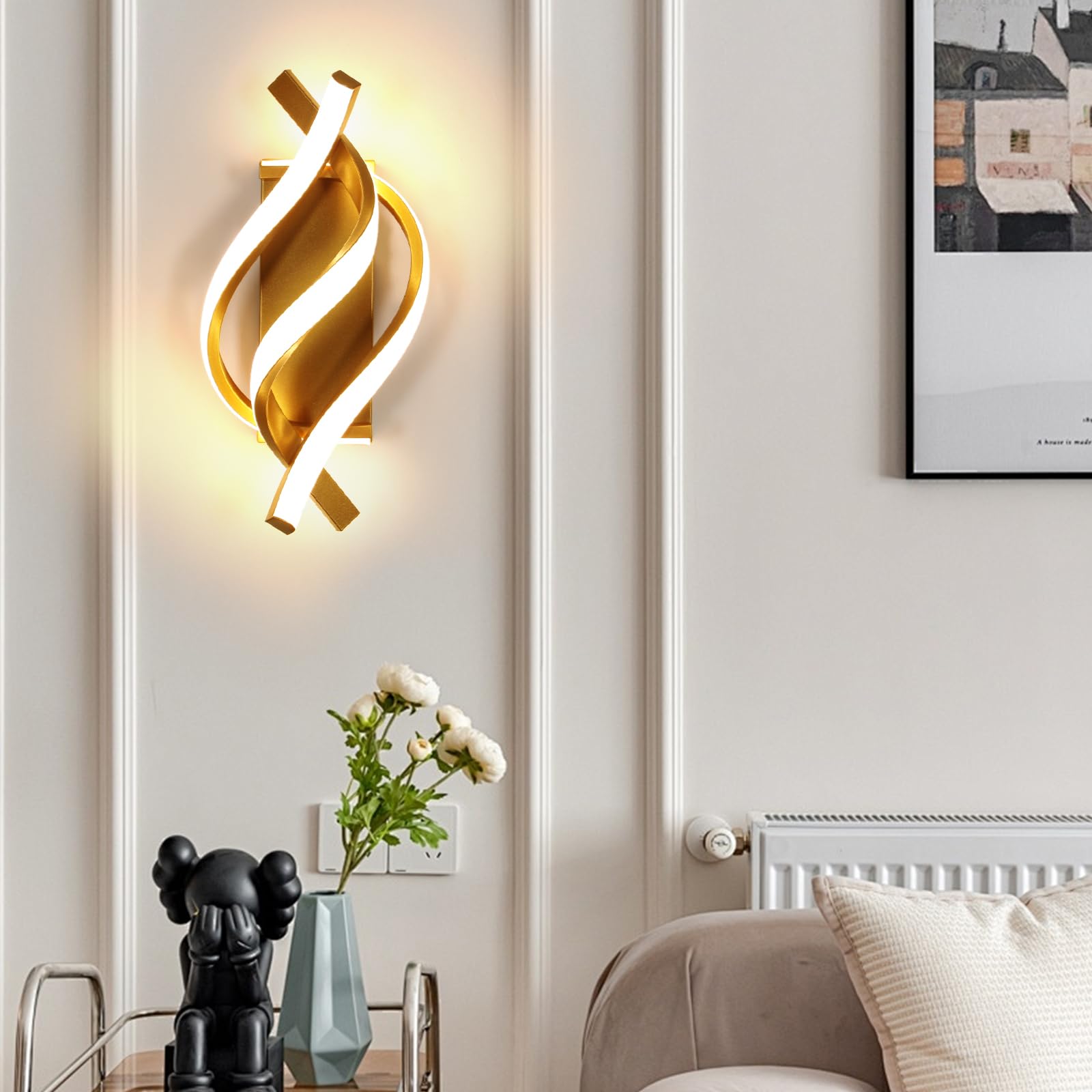 Comely Aplique Pared Interior, Dorado 22W 2500LM Lámpara de Pared Moderna | Blanco Cálido 3000k Lamparas de Aluminio para Dormitorio, Estudio, Comedor
