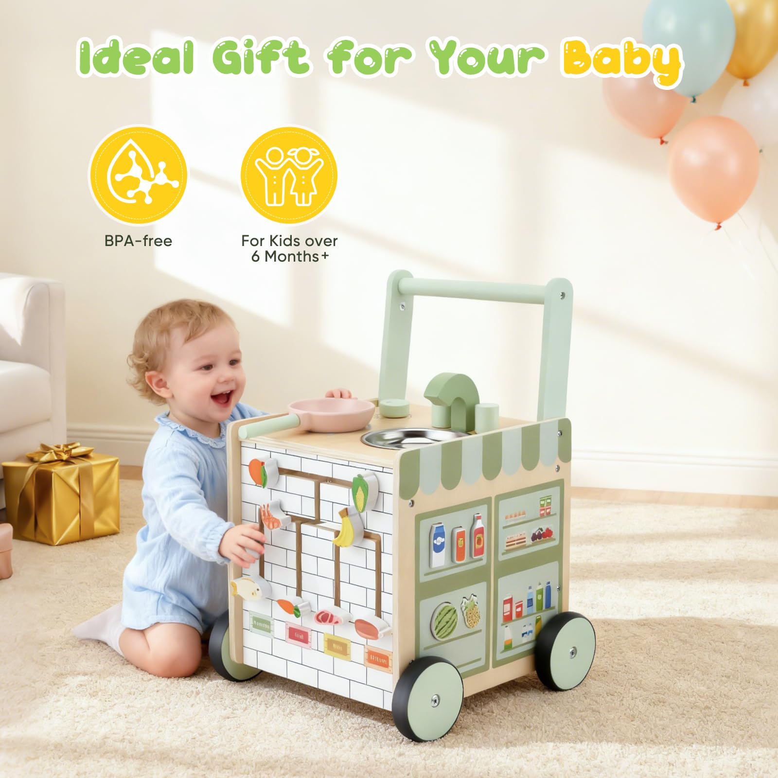Andador Bebes, Andador Madera Bebé Desde 12 meses - con Centro de Actividades (Utensilio de Cocina, Pista de Laberinto de Frutas) Baby Walker Regalo ideal para niños y niñas de 1 a 3 años