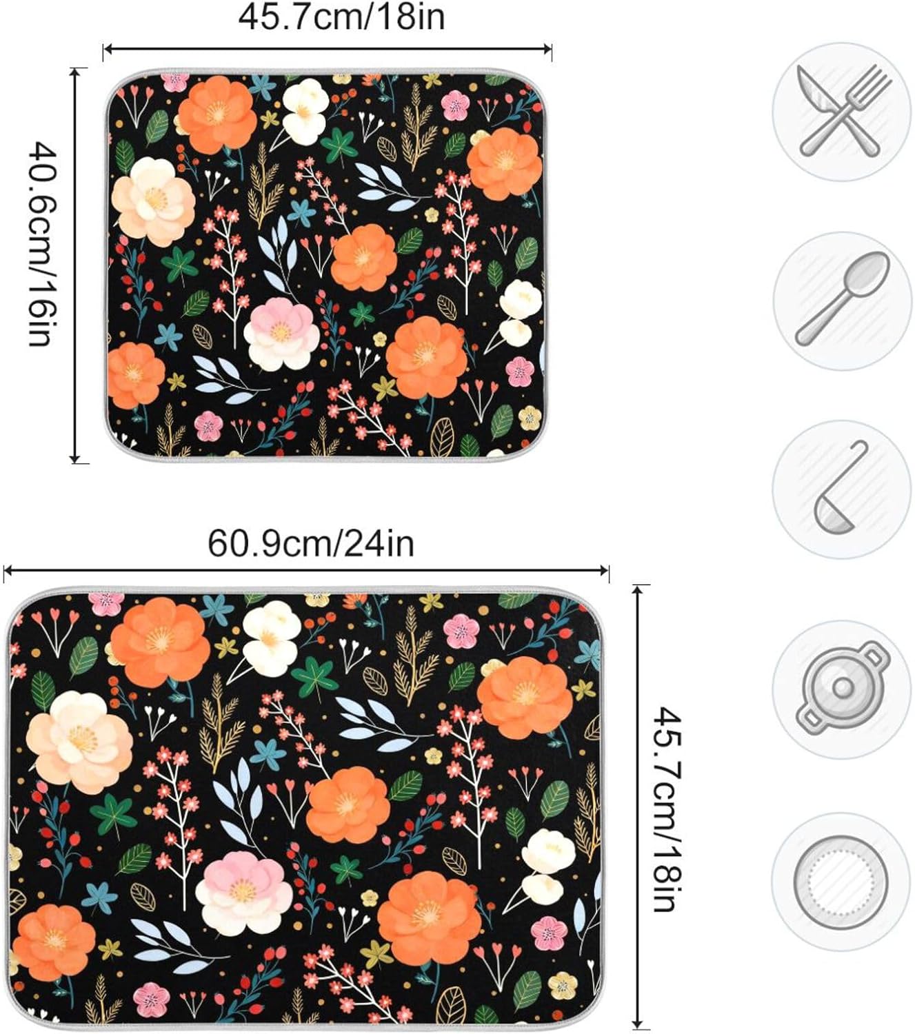 Dish Drying Mat for Kitchen Counter Colorful Flowers Black Absorbent Drying Matt for Dishes Sink Countertop 16'' x 18''