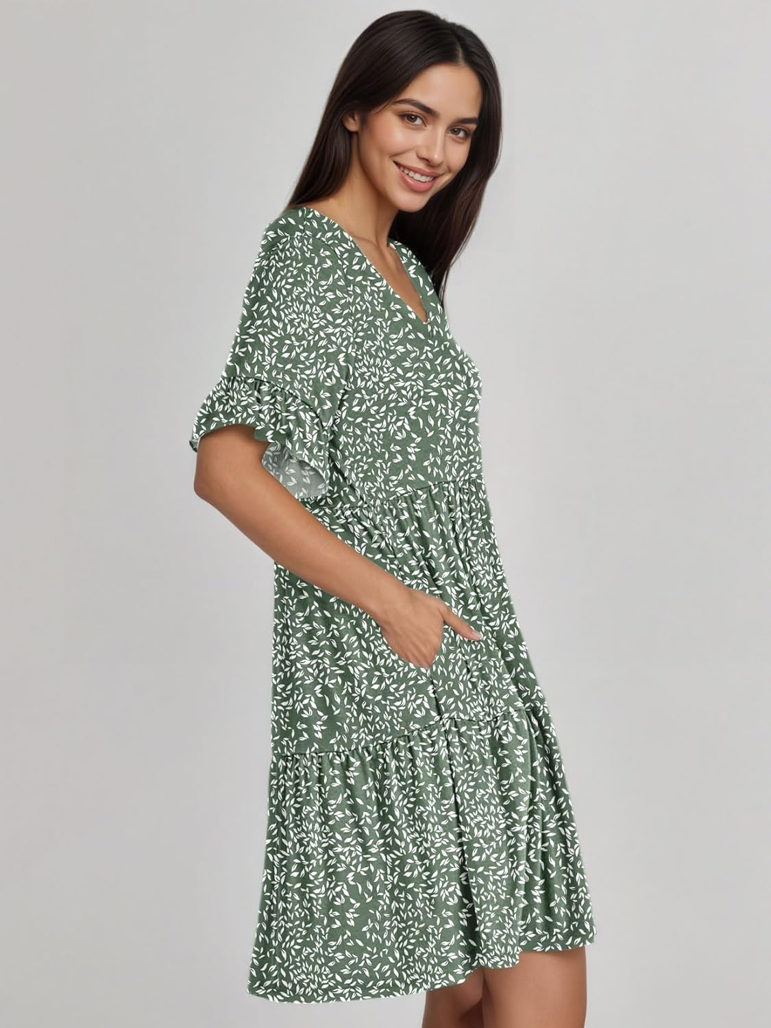 Summer Dresses for Women 2026 Loose V Neck Ruffle Sleeve Tiered Flowy Casual A Line Mini Beach Dress with Pockets - Image 4