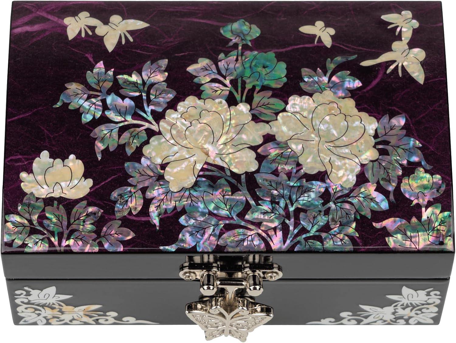 February Mountain Mother-of-Pearl Jewelry Box – Elegant Purple Lacquered Keepsake with Peony & Butterfly Design, Red Velvet Interior – Christmas, Birthday Gift, Unique Jewelry Organizer for Women