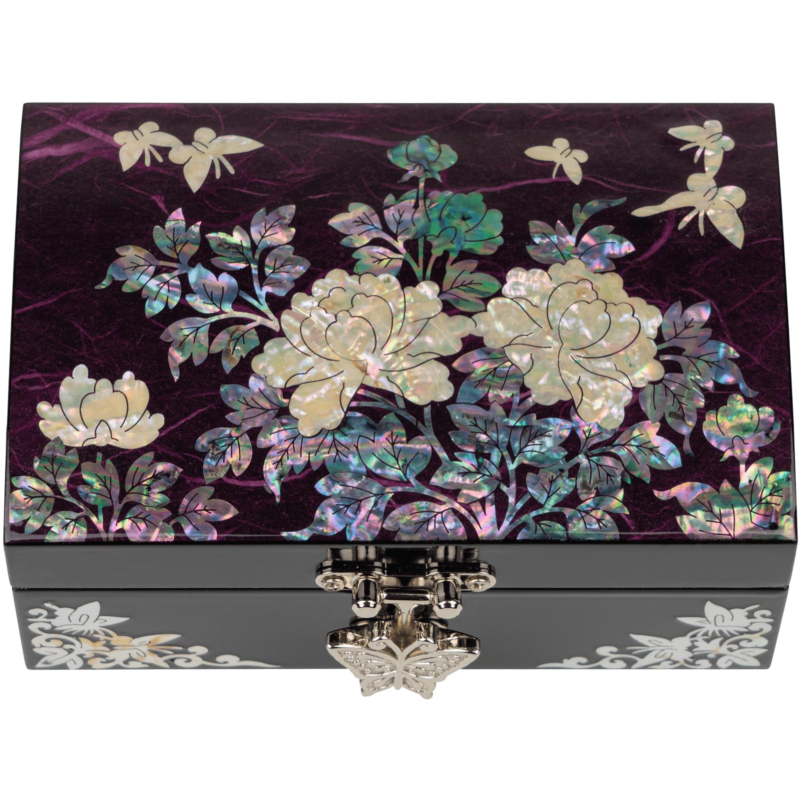 February Mountain Mother-of-Pearl Jewelry Box – Elegant Purple Lacquered Keepsake with Peony &amp; Butterfly Design, Red Velvet Interior – Christmas, Birthday Gift, Unique Jewelry Organizer for Women