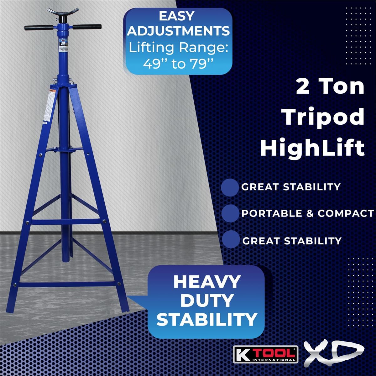 K Tool International XD61002 2 Ton Automotive Under Hoist Tripod Stand for Garages, Repair Shops, and DIY, 4,000lb. Capacity, Support Range 49"-79.75", Heavy Duty Steel, 24" Base, 3.25" Saddle, Blue