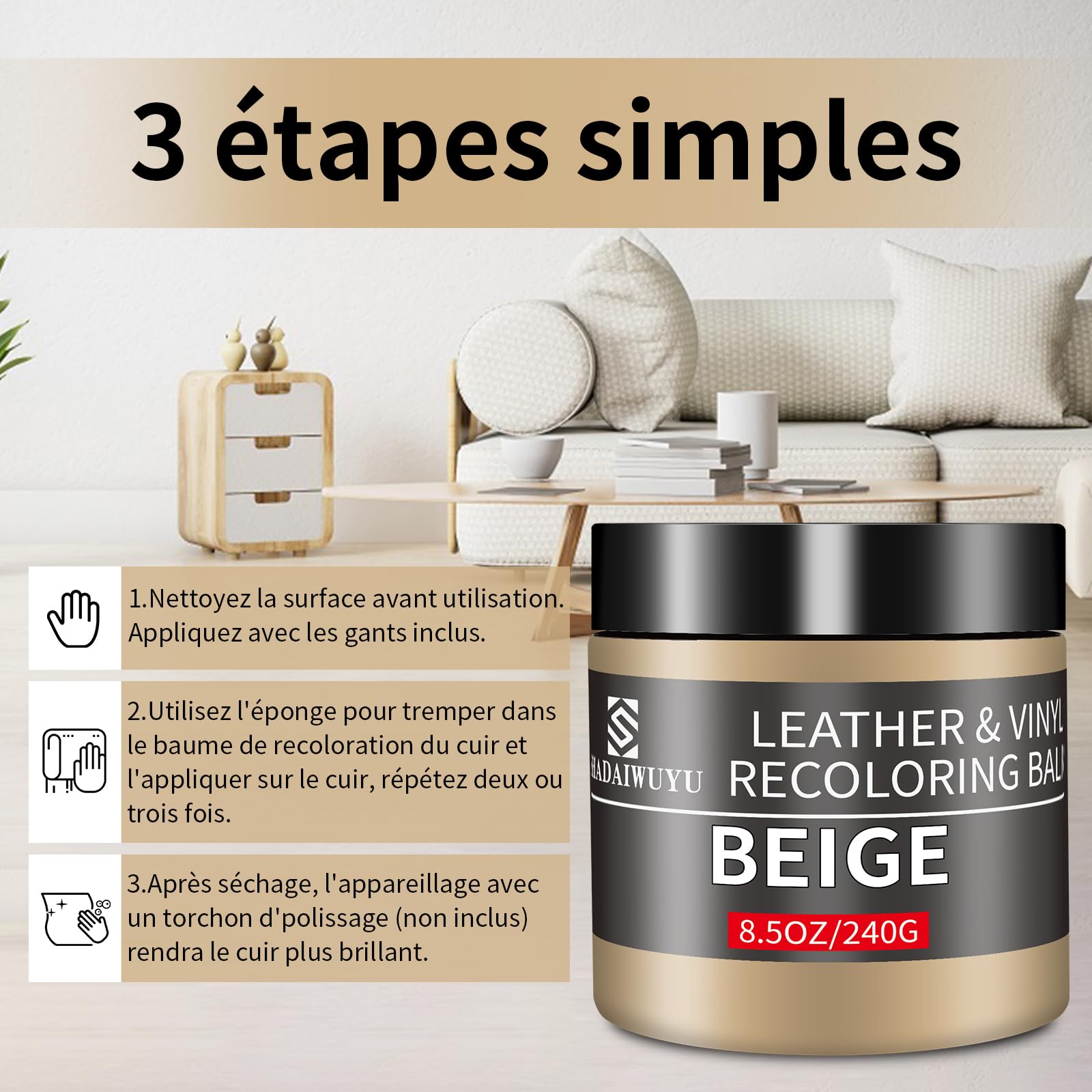 SHADAIWUYU Kit Reparation Cuir Beige,Teinture Cuir,Peinture Cuir Liquide pour Réparer Les éraflures et la Décoloration sur Canapés, Meubles en Vinyle, Sièges d'auto, Chaussures et Selles