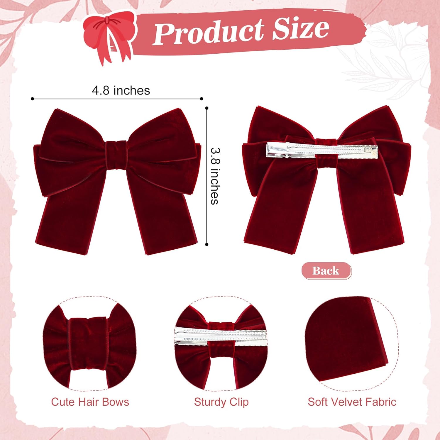 2PCS Velvet Hair Bows Hair Ribbon Clips Big Fall Alligator Clips Hair Accessories for Women Girls Toddlers Kids Baby Green Wine red - Image 3