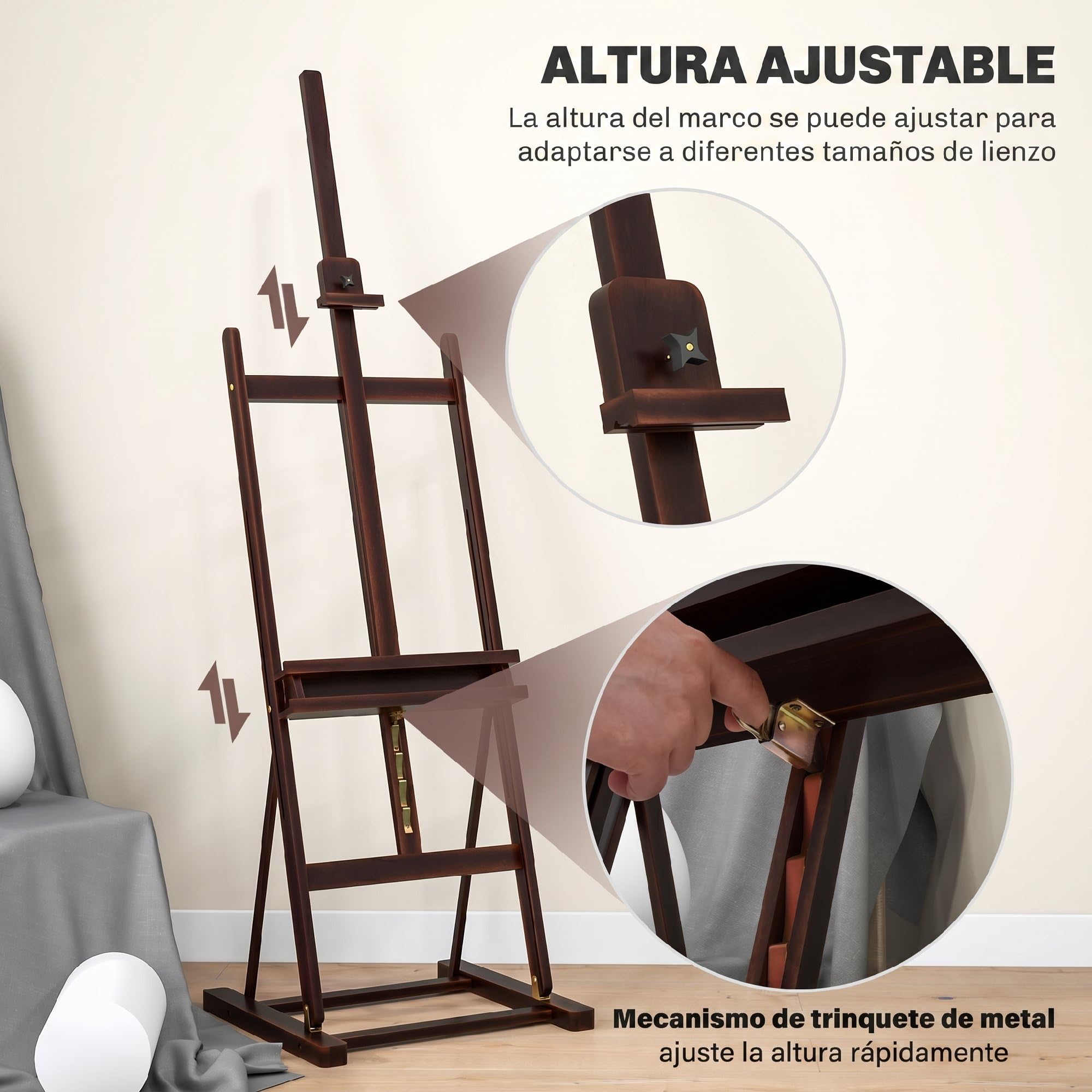 HOMCOM Caballete de Pintura con Altura y Ángulo Ajustables 230 cm Marrón | Caballete de Madera, Almacenamiento, para Adultos, Artistas, Pintor, Estudiantes