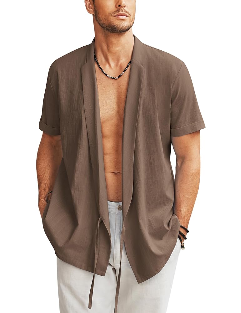 ELESOL Men's Beach Kimono Shirt Cardigan Jacket Light Linen