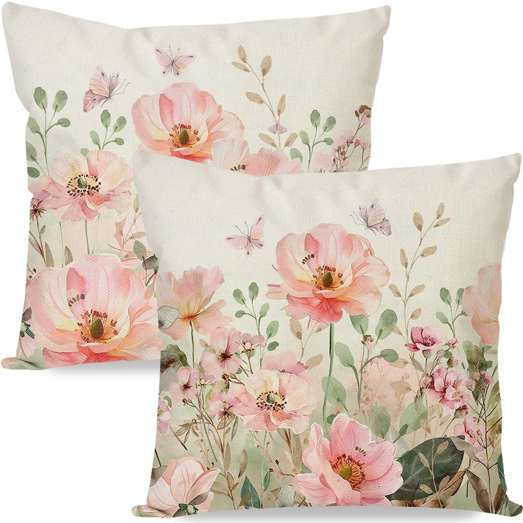 PANDICORN Spring Pink Flower Throw Pillow Covers 18x18 Inch Set of 2, Butterfly Wildflower Floral Bee Outdoor Rustic Farmhouse Summer Decor Watercolor