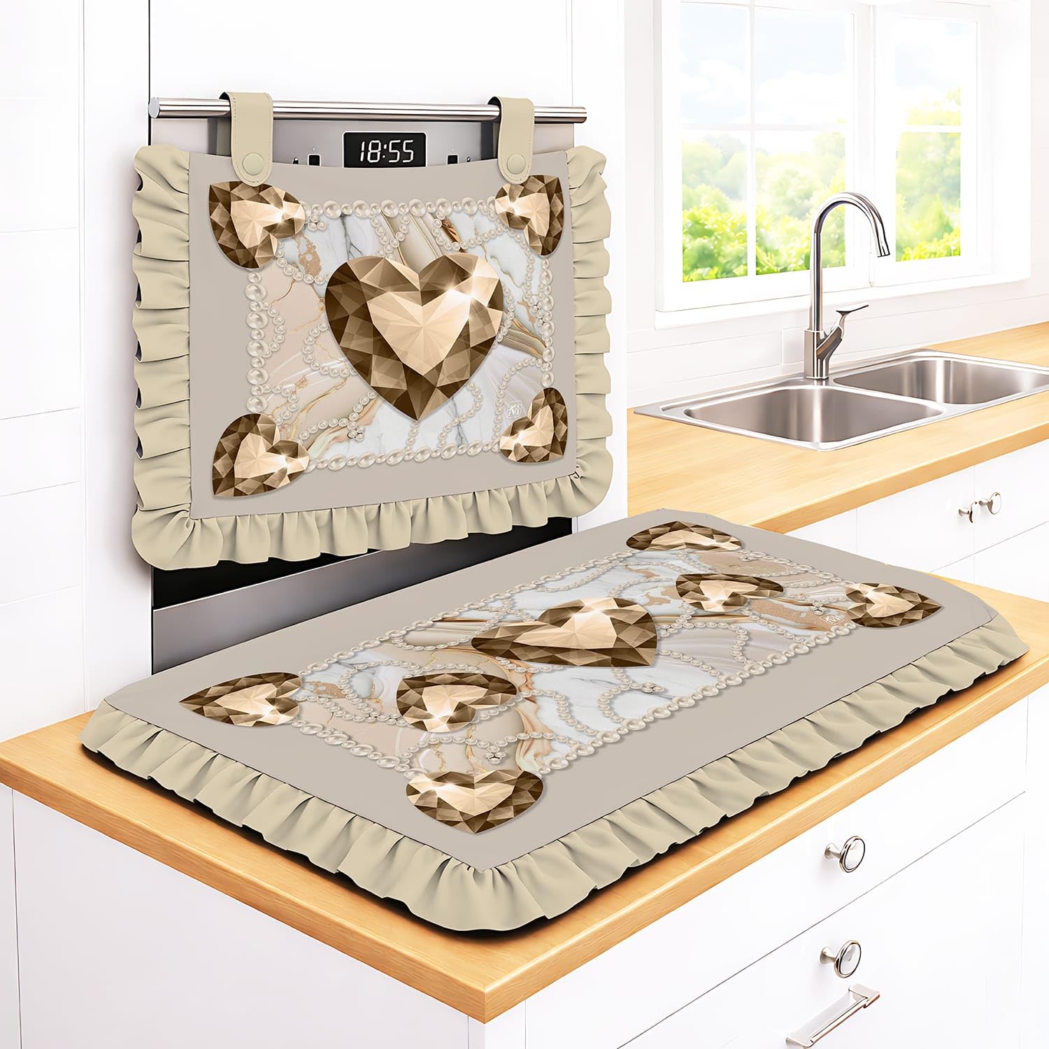Set Cucina Copriforno 40x50 cm + Coprifornelli 46x70 100% microfibra anallergica Design Diamante con Stampa Cuori Gioiello e Balze - Protezione Completa stampa digitale 4K Made in Italy (Beige)