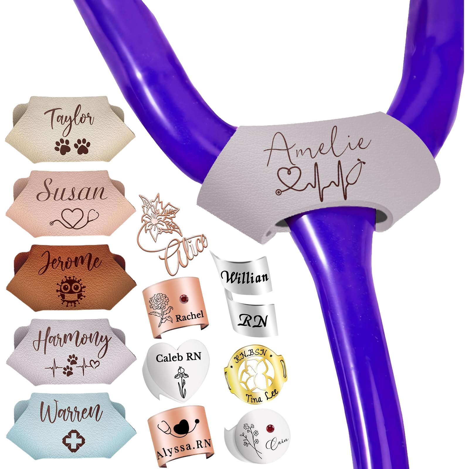 Stethoscope Name Leather Tag Personalized, Custom Stethoscope Charms with ID Tag Accessories, Engraved Name Logo,Nurses Week Gift for Nurse Doctor Medical Assistant