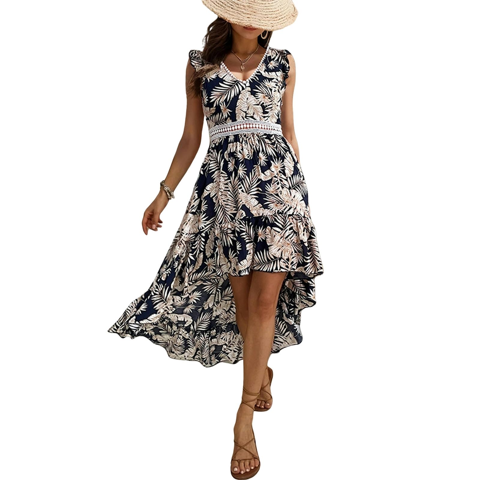 Abiti Delle Donne Abito Estivo Ruffle Manica Scollo a V Casual Swing Ladies Dress, YYEFNMAZ, Blu scuro, s