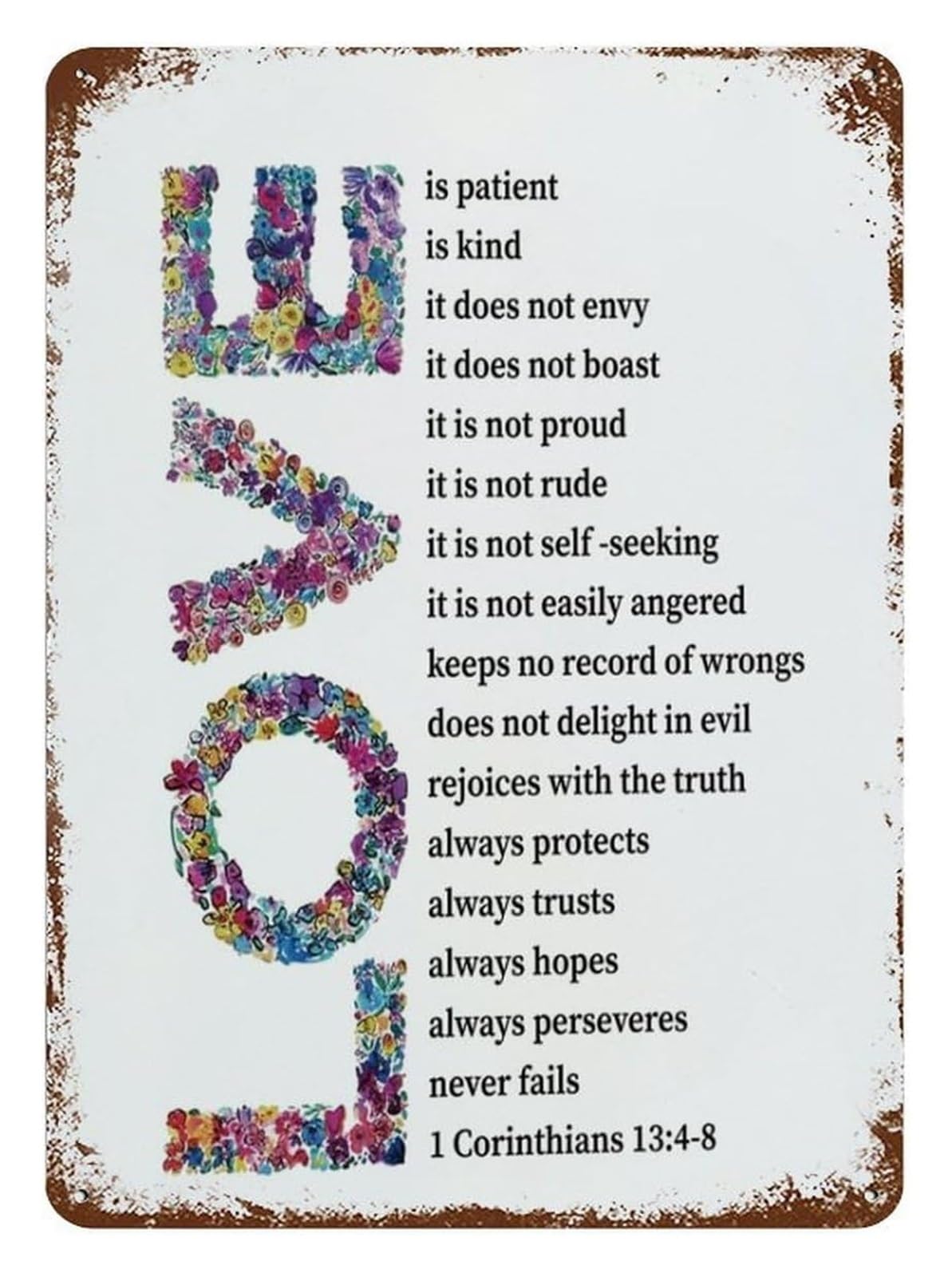 NWPNLXEA Bible Verse Metal Sign Love Is Patient Love Is Kind 1 Corinthians 13 Scripture Wall-Art for Christian Home Decor 8 X 12 inch