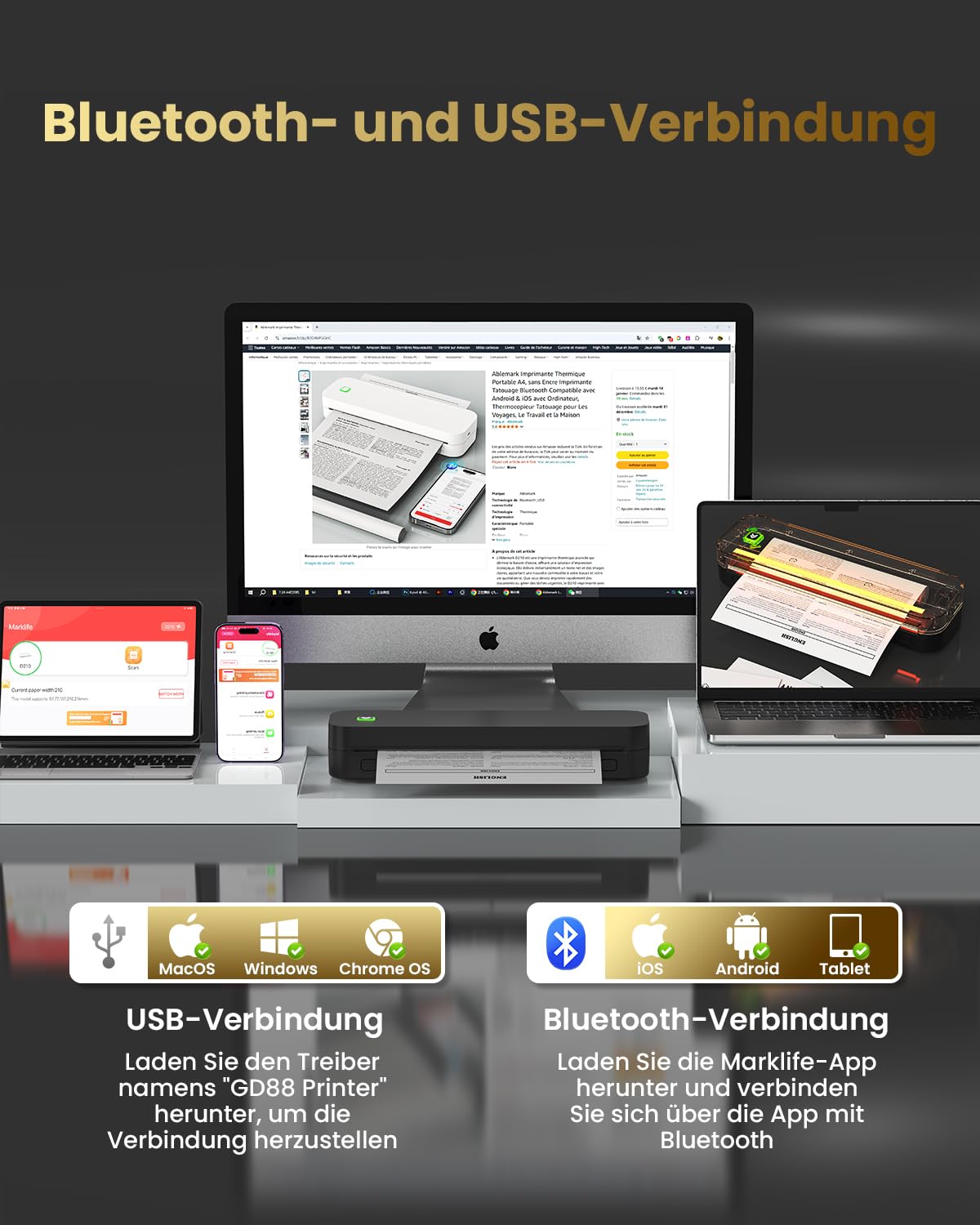 Tragbarer Thermodrucker, A4, ohne Tinte, Bluetooth-Tattoo-Drucker, kompatibel mit Android & iOS mit Computer, Thermokopierer für Reisen, Arbeit und Zuhause