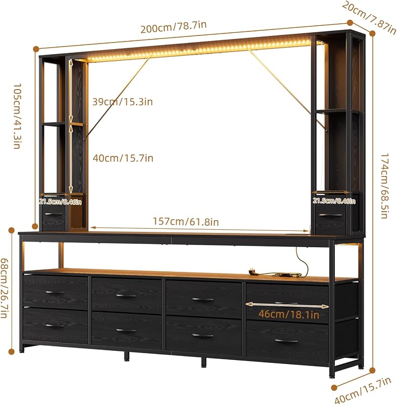 PAKASEPT Large Entertainment Center with Storage & Bookshelves,TV Stand with LED Lights & Power Outlet,Multifunctional Media Console with Drawers Fits Up to 70 Inch TV, Wall Unit for Living Room,Black image 2