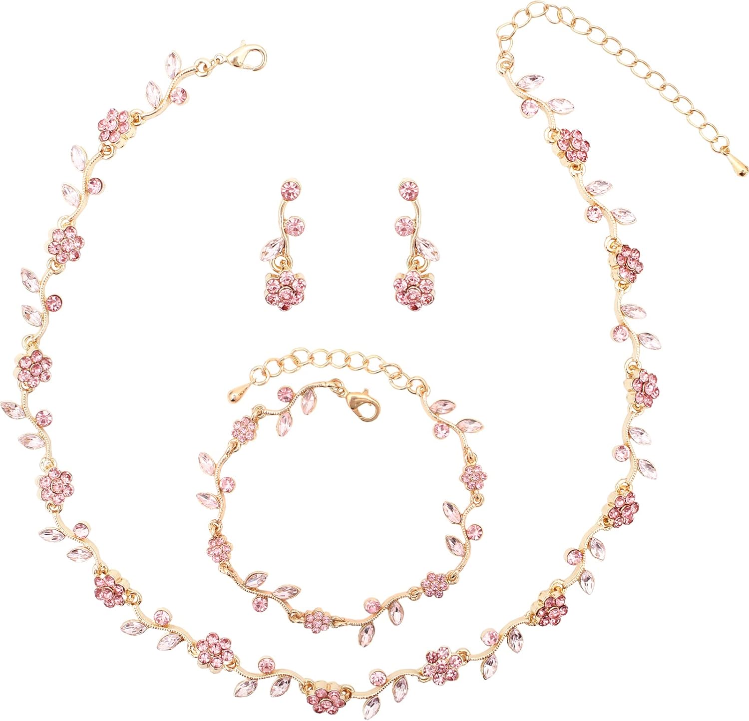 Elegant Bridal Wedding Austrian Crystal Flower Choker Necklace Dangle Earrings Bracelet Jewelry Set for Women Prom Party