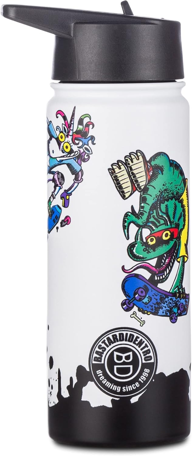 SEVEN Bastardi Dintro Water Bottle – Multicolour – 500 ml Thermal Stainless Steel Water Bottle Inside Outside – Temperature Maintenance up to 24 Hours – School, Leisure, White