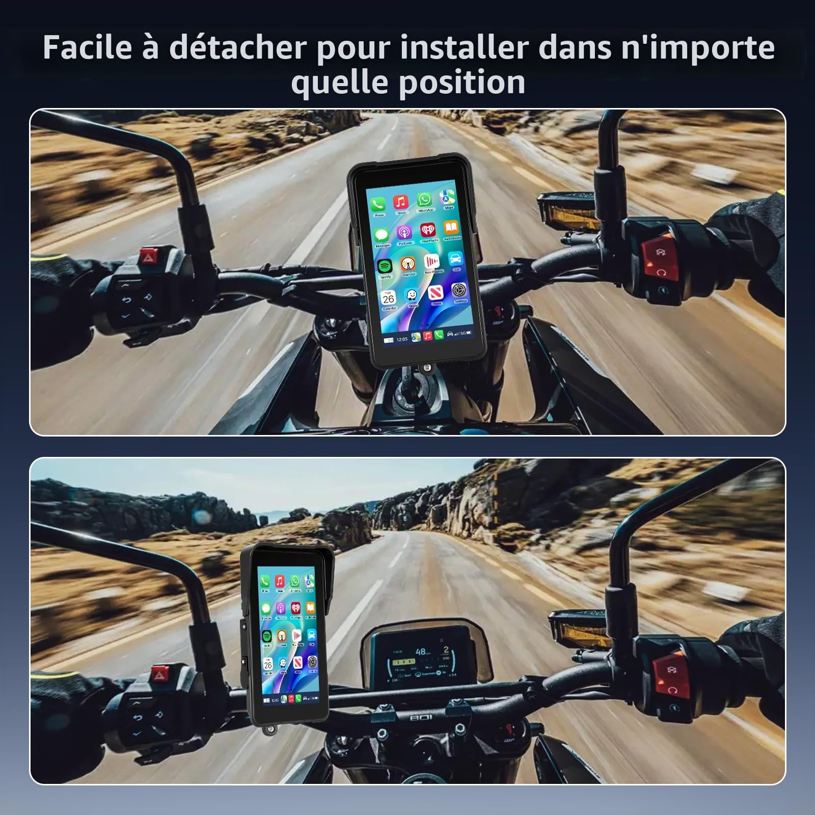 Écran Portable Carplay pour Moto, CarPlay sans Fil et Android Auto pour Moto, Écran Tactile Étanche de 5 Pouces avec Bluetooth, Navigation GPS, Siri/G00gle Assistant
