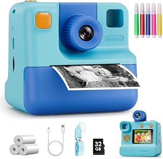 GREENKINDER Kids Instant Print Camera: FHD Selfie Video for Boys Girls 3-12, 3 Rolls Paper & 32GB Card, Blue Toy Gift