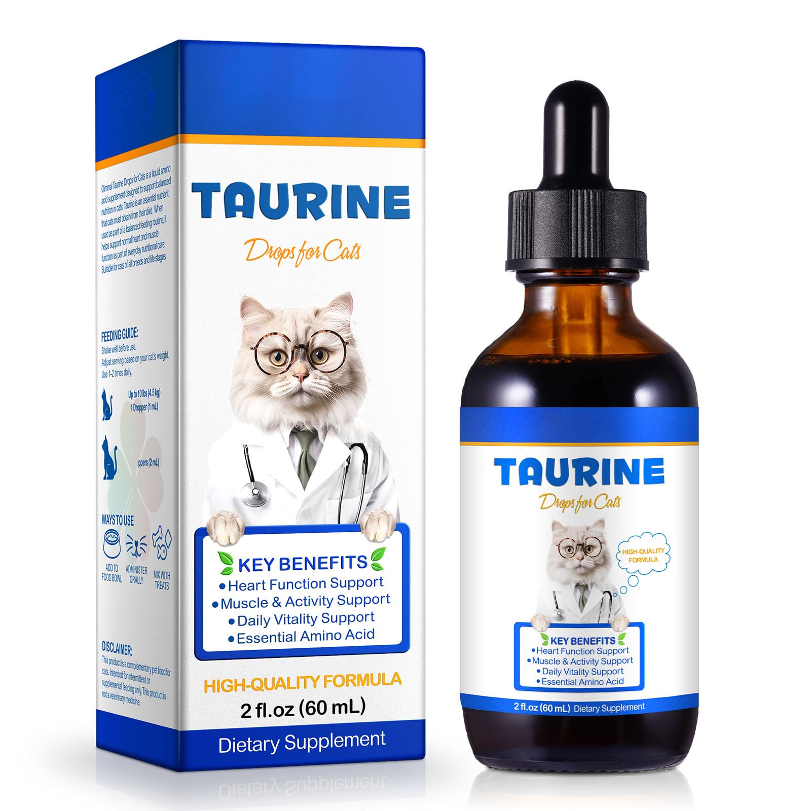 Taurine for Cats, Natural Amino Acid for Heart Health, Longevity, Digestive Health & Vision, Natural Amino Acid Cat Supplements 60ml, 100% Purity