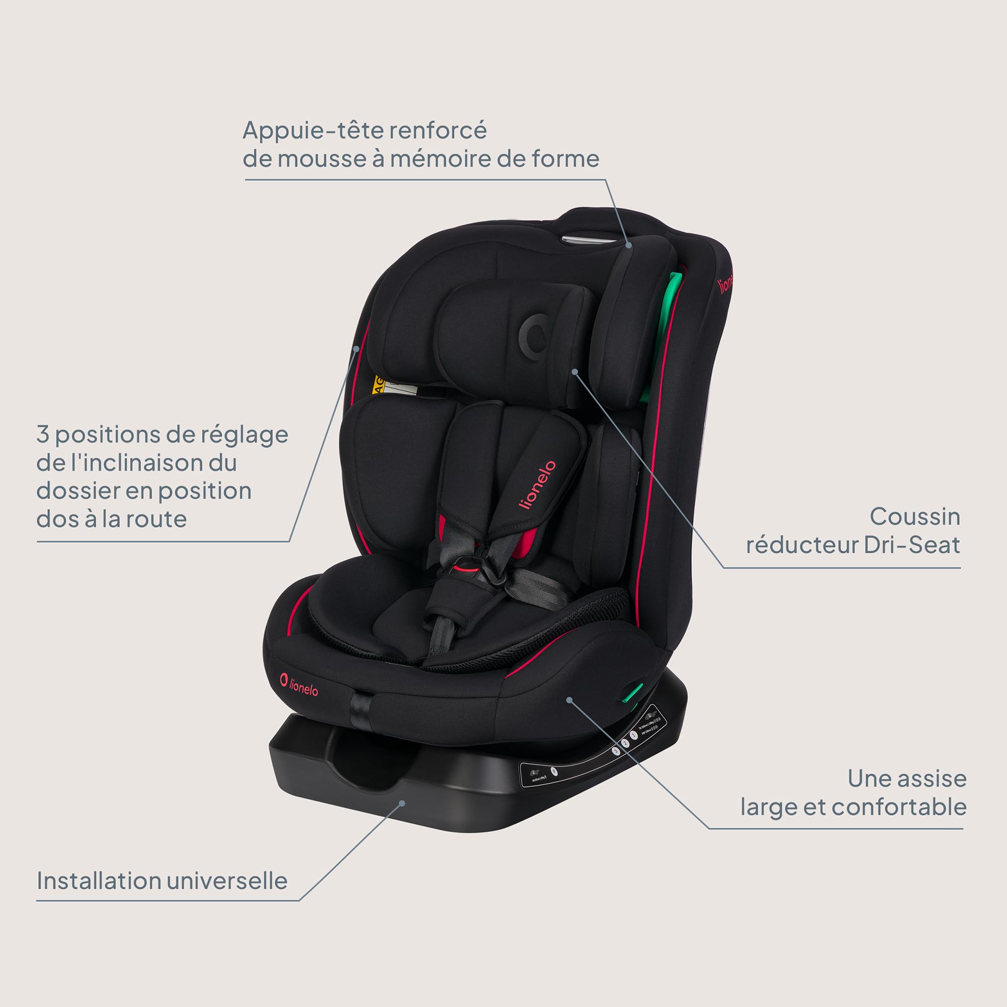 LIONELO AART I-SIZE Si?ge Auto Bébé 40 ? 150 cm, Installation avec Ceinture de Sécurité, Réglage de l'Appui-t?te et de l'Inclinaison, Insert Lombaire et Réducteur, Norme R129 i-Size Standard