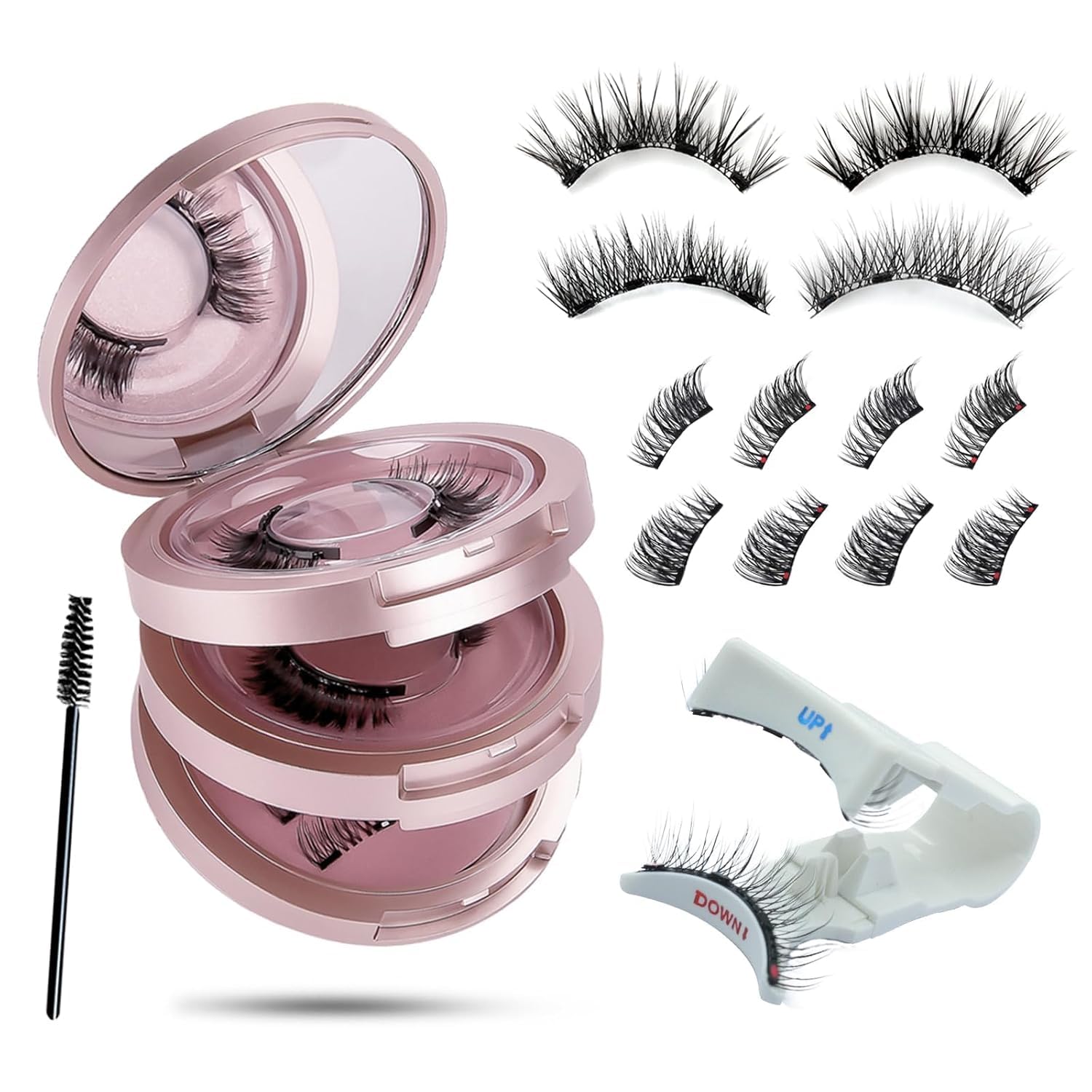 Chlffua Magnetische Wimpern Pink Set – 4 Paare Falsche Wimpern Natürlich Look mit Applikator, 3/4 Halb & Vollwimpern, Wiederverwendbare Magnetwimpern ohne Kleber, 3-Lagen Box mit Spiegel