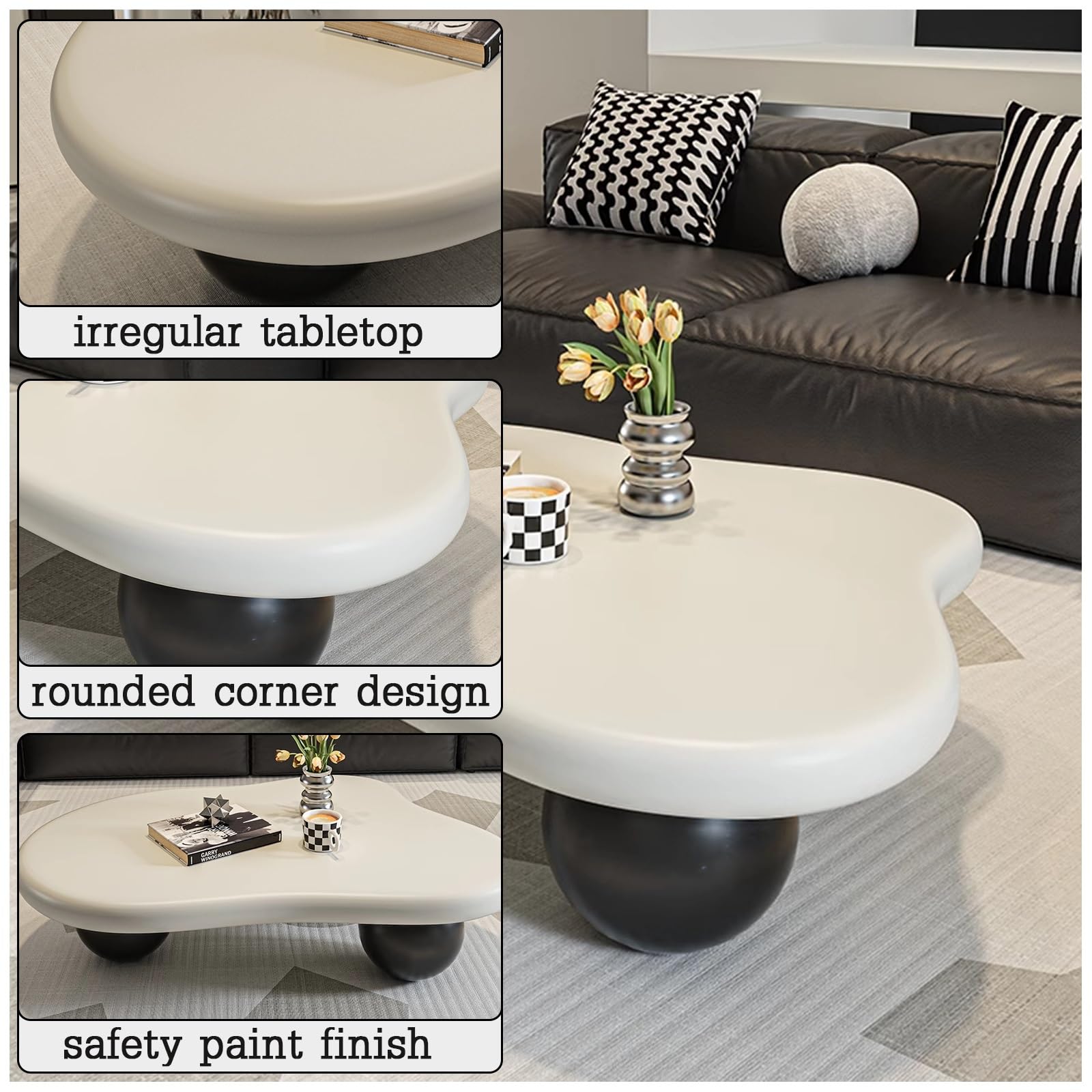 Table Basse en Forme De Nuage, Tables Basses pour Salon, Table Basse Unique, avec 3 Pieds en Boule, Table D'appoint Ovale Moderne, pour Salon, Chambre À Coucher(Nero,120cm)