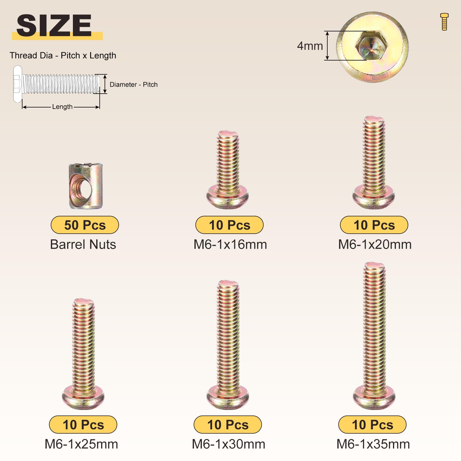 METALLIXITY Connector Bolt Barrel Nuts(M6-1x16/20/25/30/35) 100Pcs, Connector Bolts M8 Screw Barrel Nuts Binding Screws - Image 2